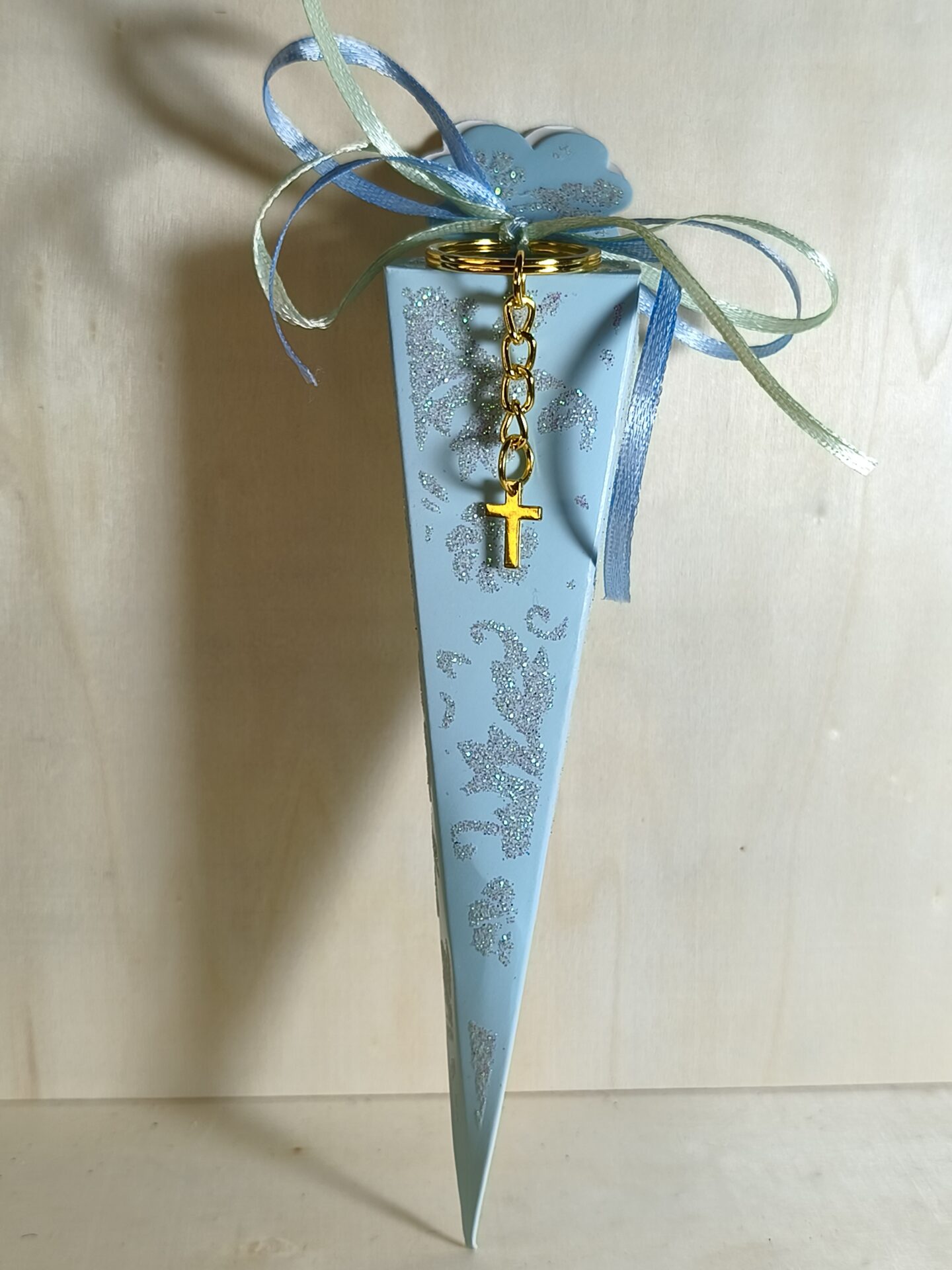 Mπομπονιερα Βαπτισης Κουτακι Glitter Σιελ+Σταυρος Μπρελοκ