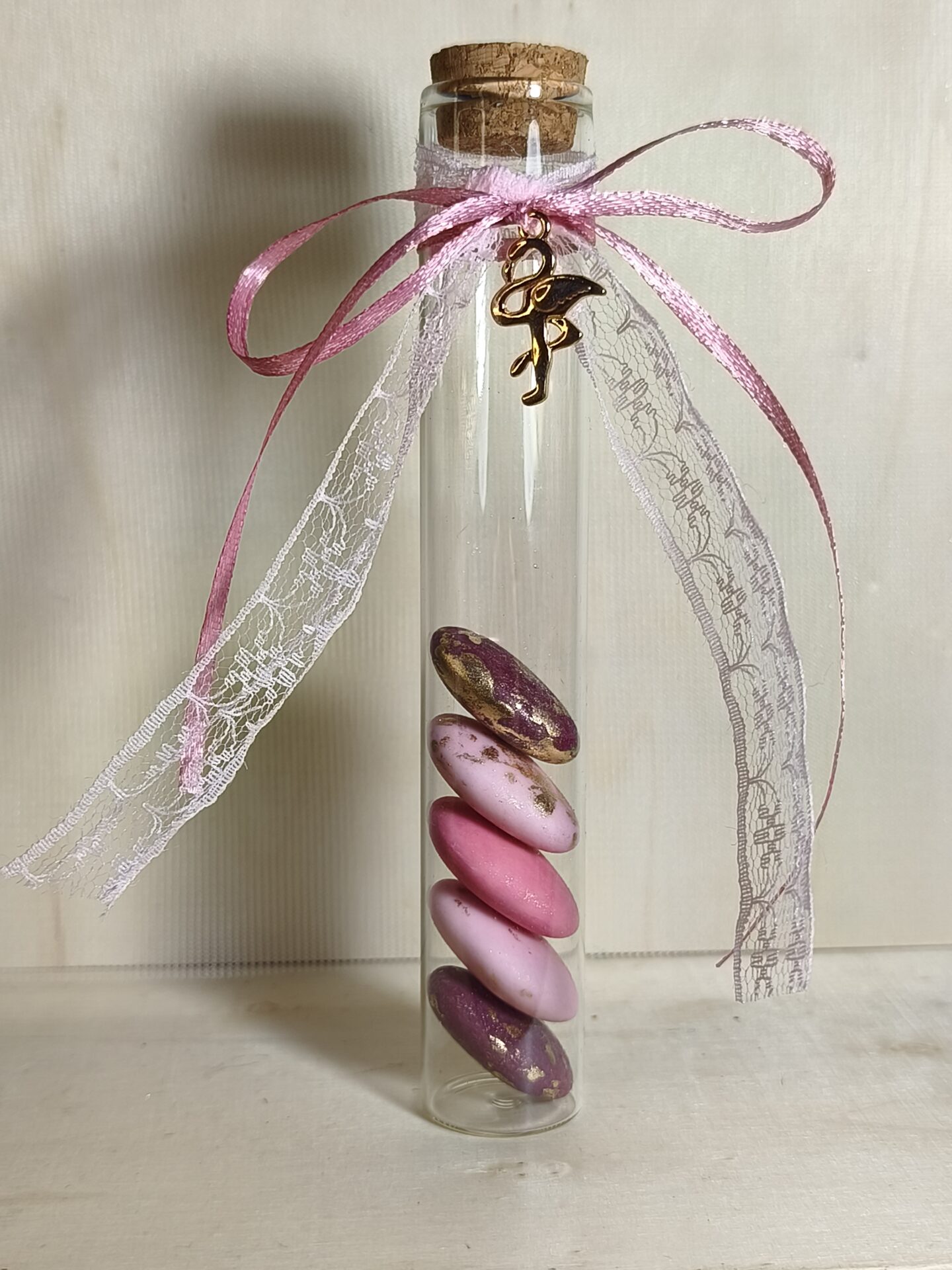 Mπομπονιερα Βαπτισης Δοκιμαστικος Σωληνας+Φλαμινγκο Με Δαντελα