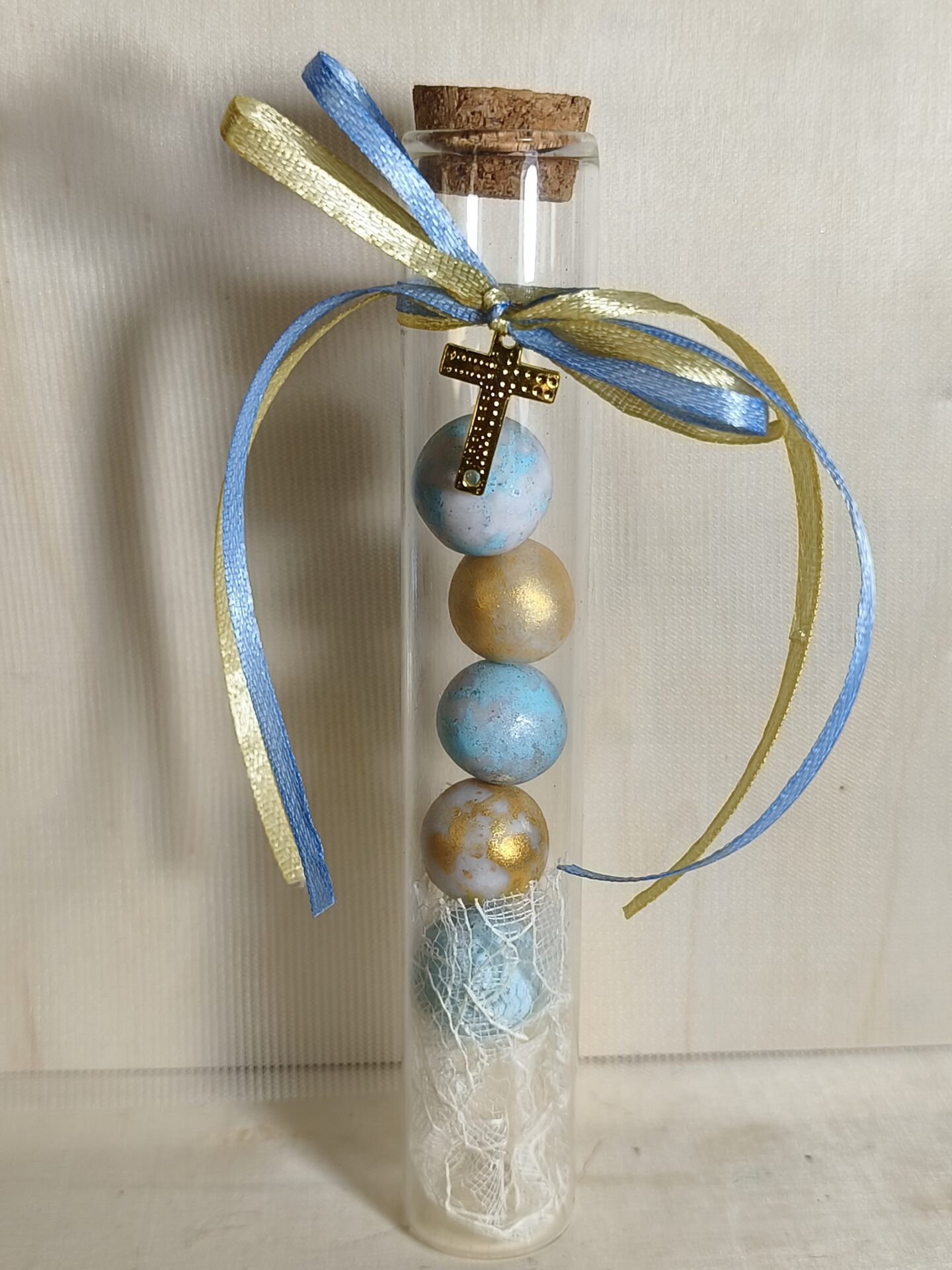 Mπομπονιερα Βαπτισης Δοκιμαστικος Σωληνας+Σταυρος Με Δαντελα