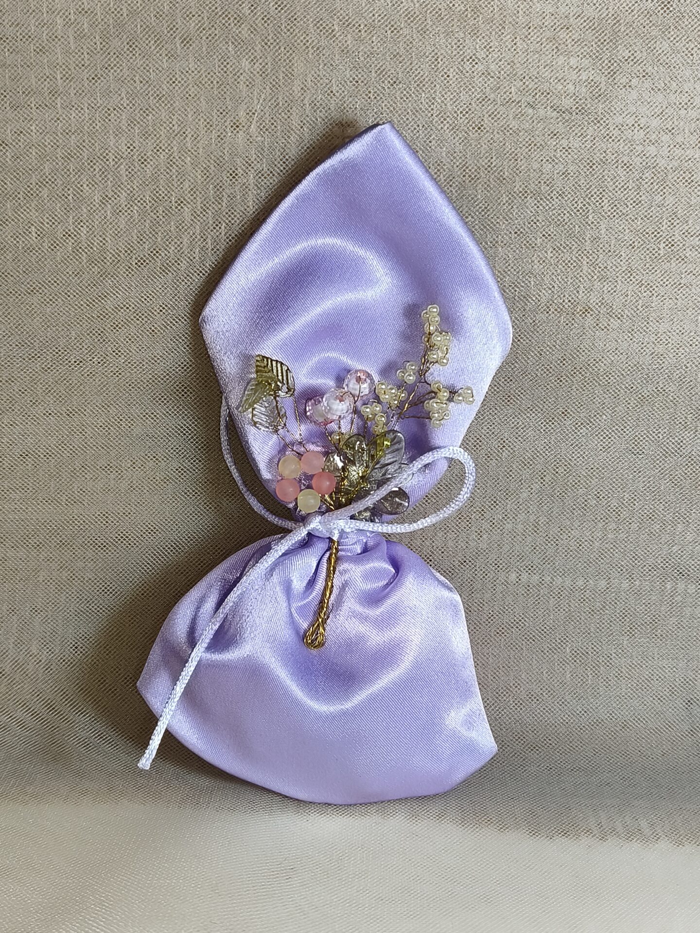 Mπομπονιερα Γαμου Πουγκι Σατεν+Κρυσταλλακι Λουλουδι