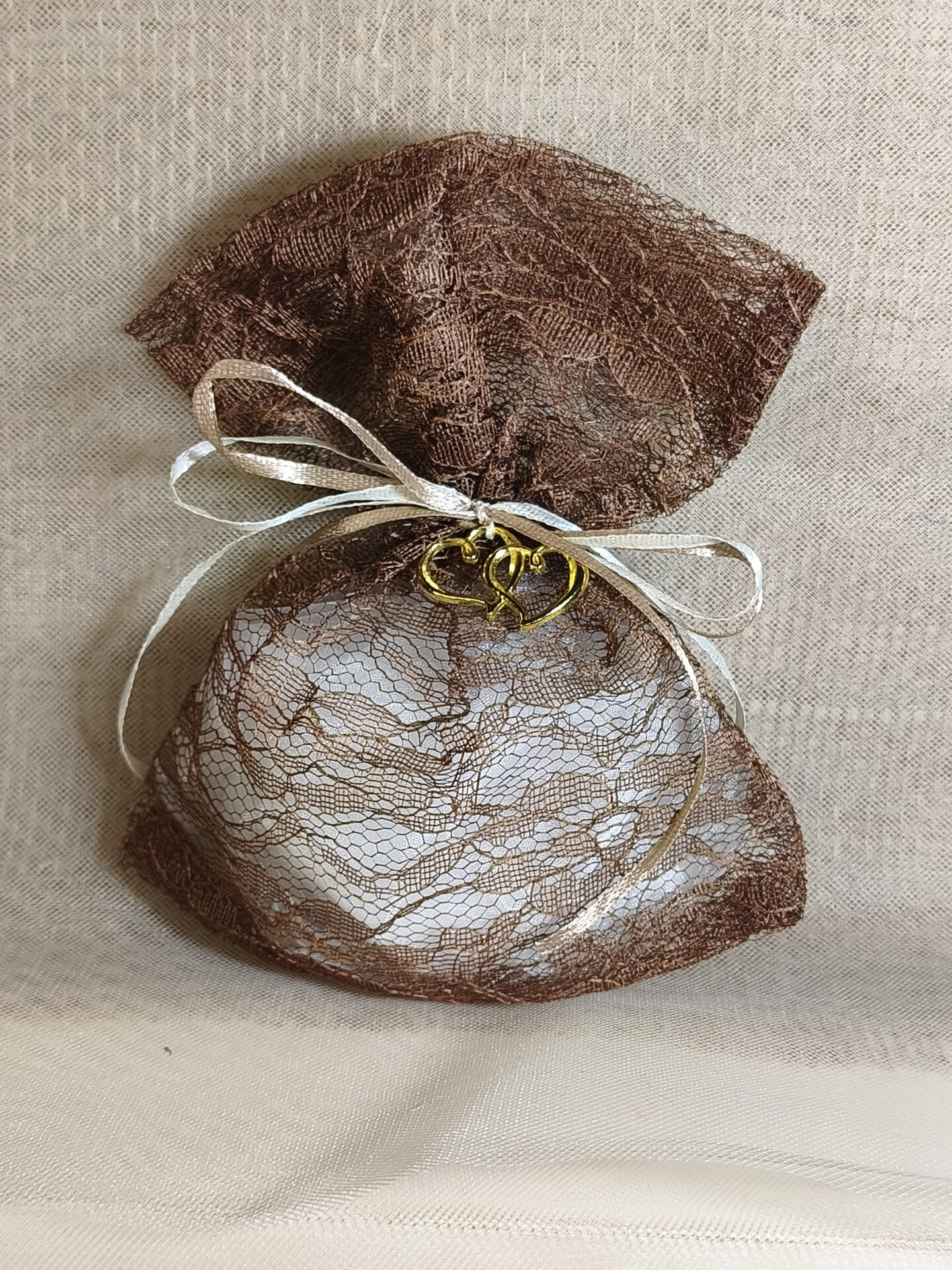 Mπομπονιερα Γαμου Πουγκι Δαντελα+Διπλη Καρδια