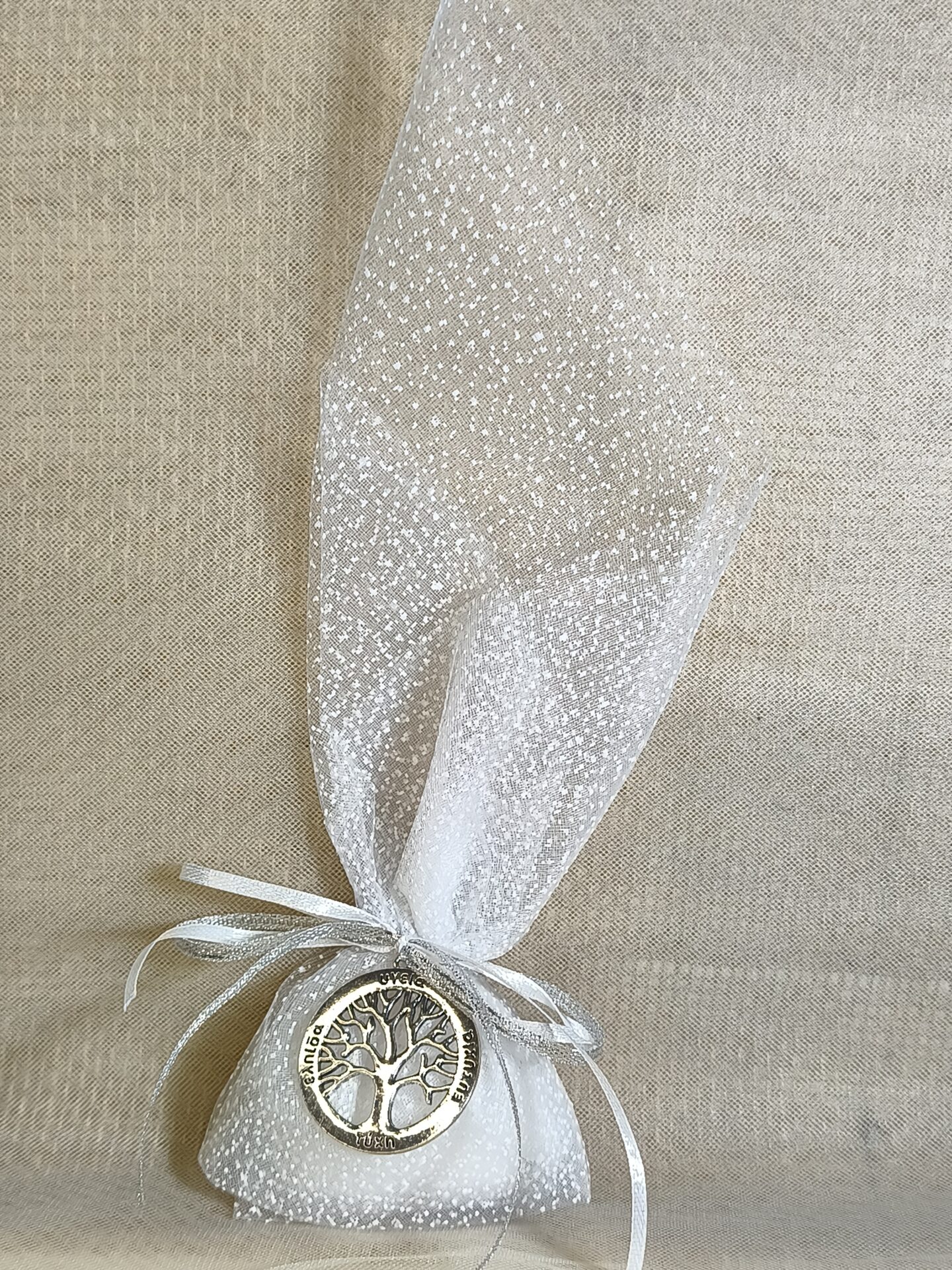 Mπομπονιερα Γαμου Τουλι Χιονε Στρας +Δεντρο Ζωης Ευχες