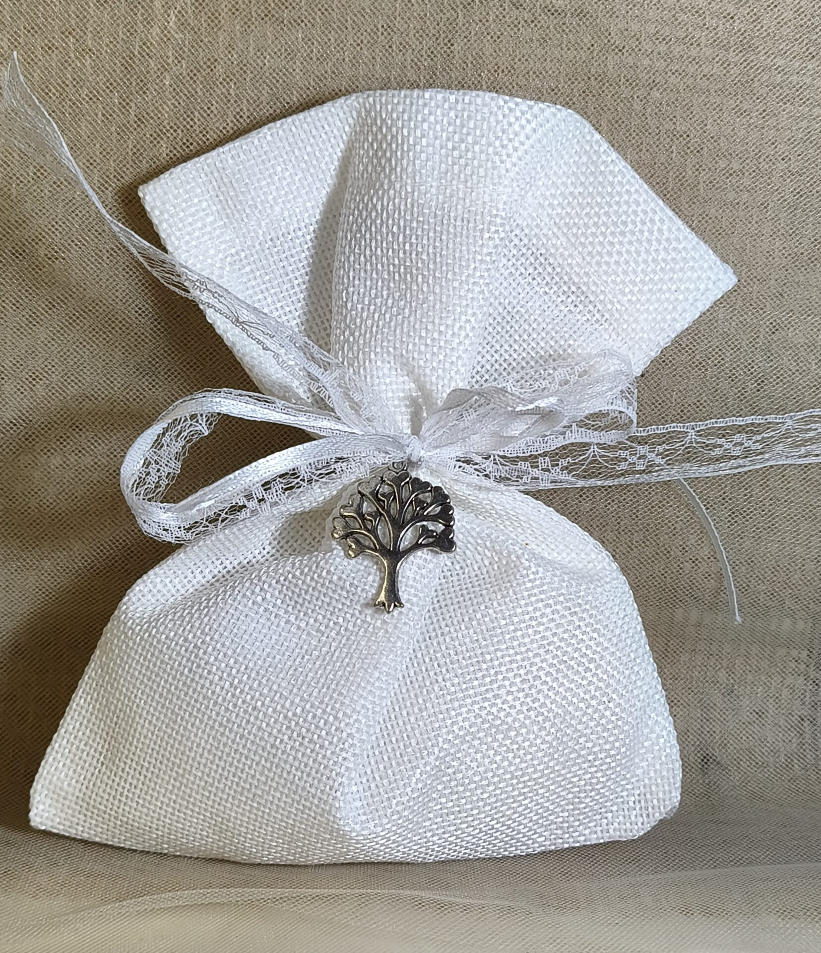 Mπομπονιερα Γαμου Πουγκι Kαμβας +Δεντρο Ζωης+Δαντελα