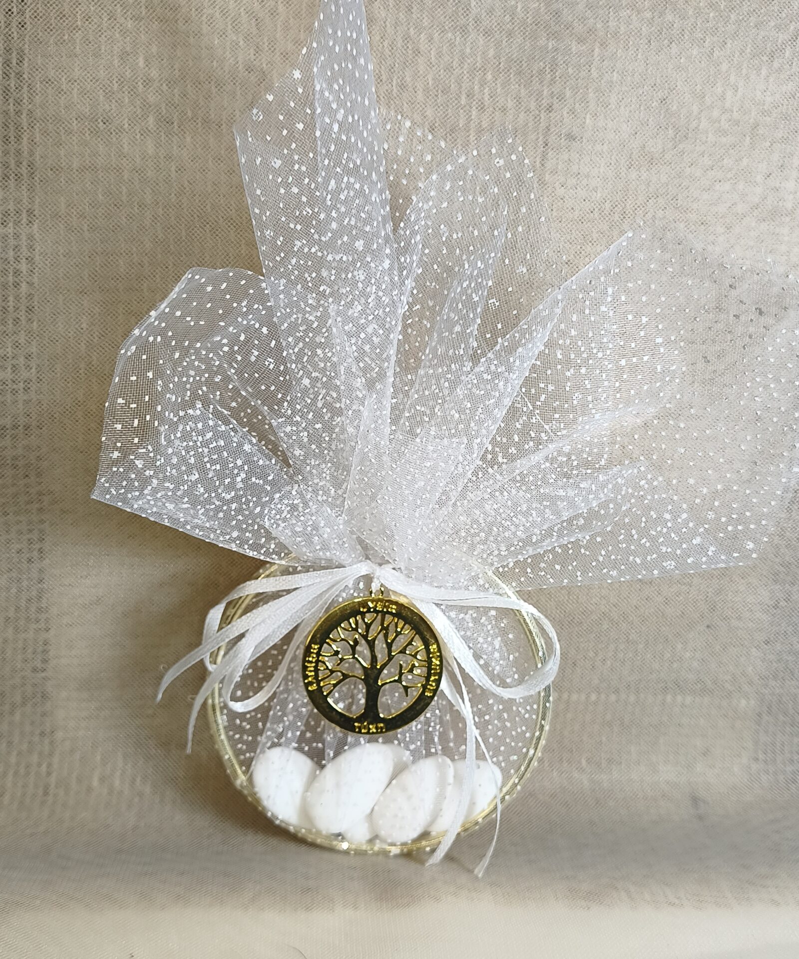 Mπομπονιερα Γαμου Κρικος + Δεντρο Ζωης Με Ευχες +Τουλι Χιονε Στρας