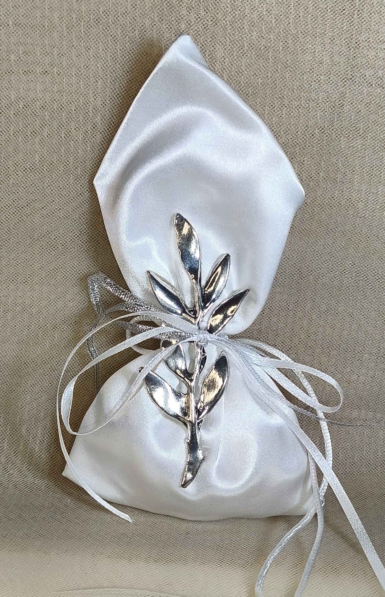 Mπομπονιερα Γαμου Πουγκι Σατεν+Κλαδι Ελιας