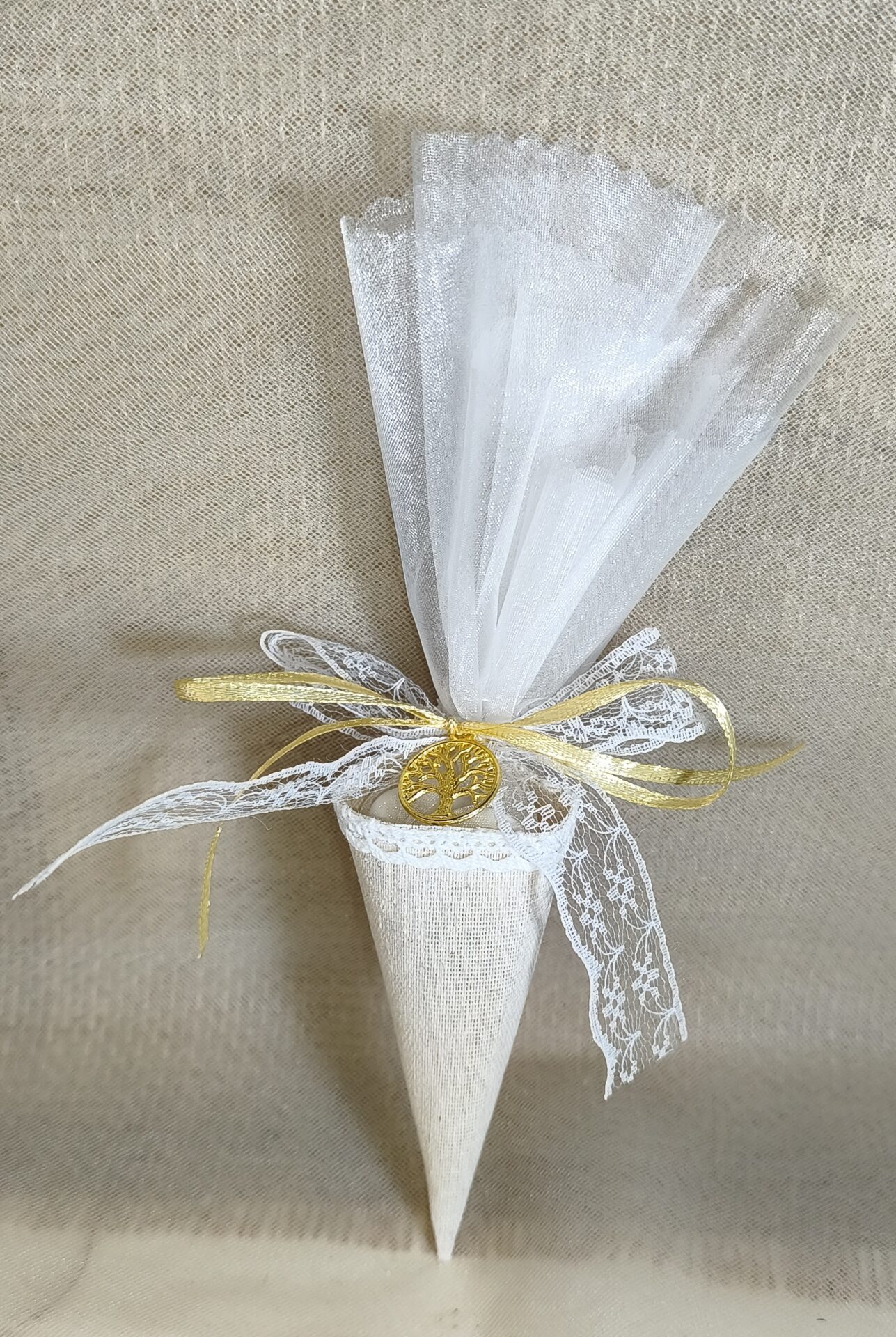 Mπομπονιερα Γαμου Χωνι λινο+Δεντρο Ζωης Με Δαντελα