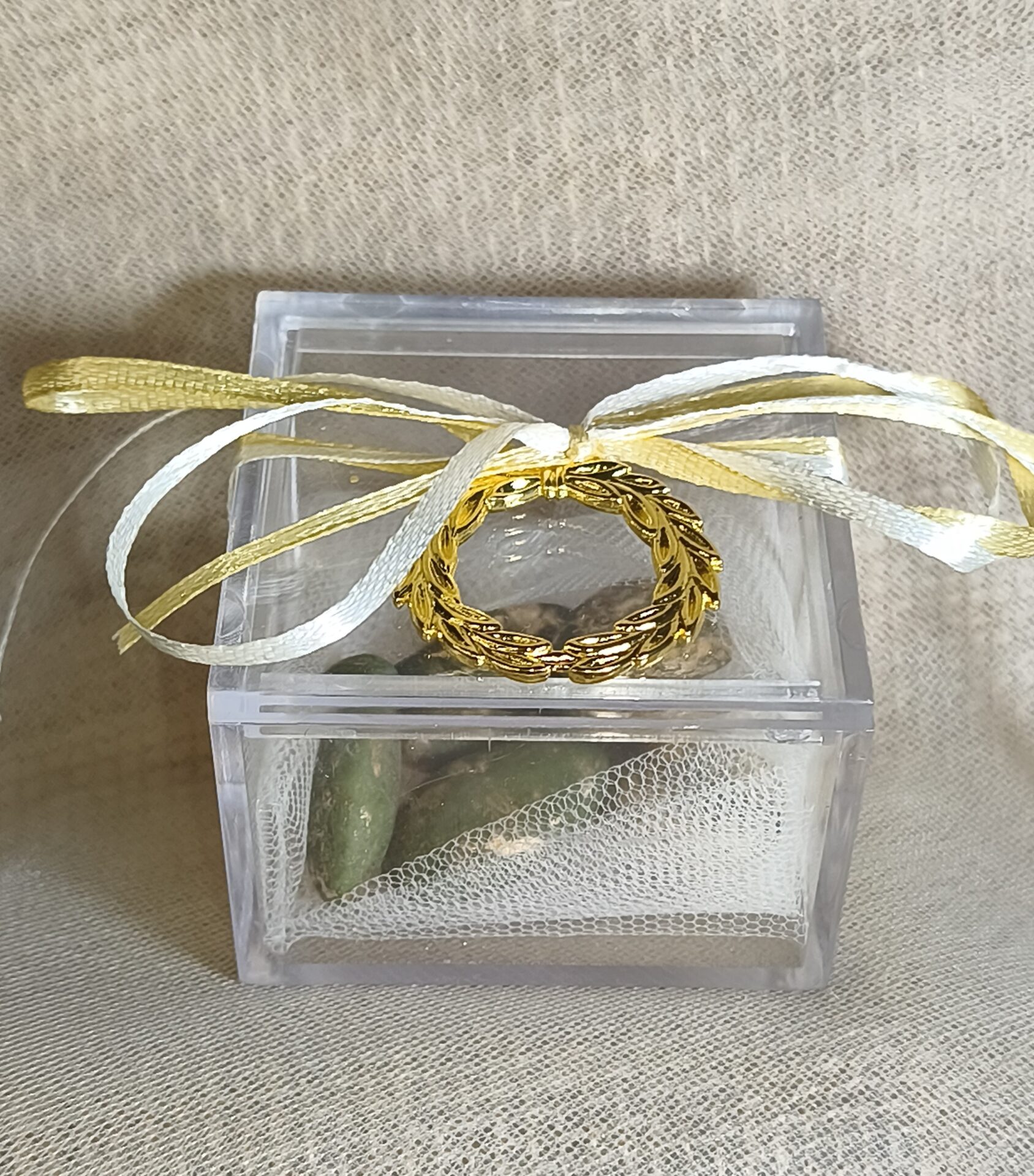 Mπομπονιερα Γαμου Κουτακι Plexiglass+Στεφανι Ελιας