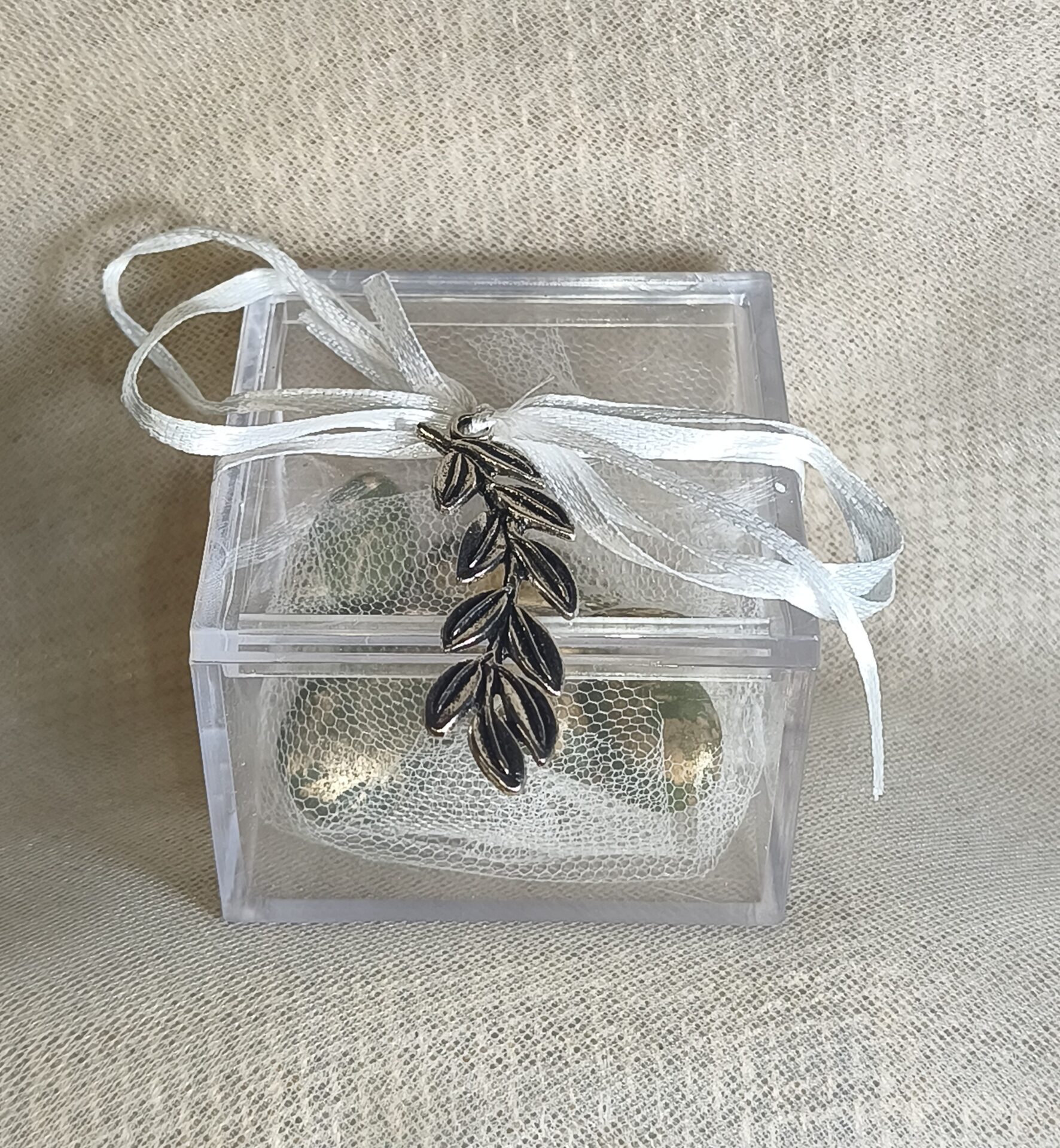 Mπομπονιερα Γαμου Κουτακι Plexiglass+Φυλλο Ελιας