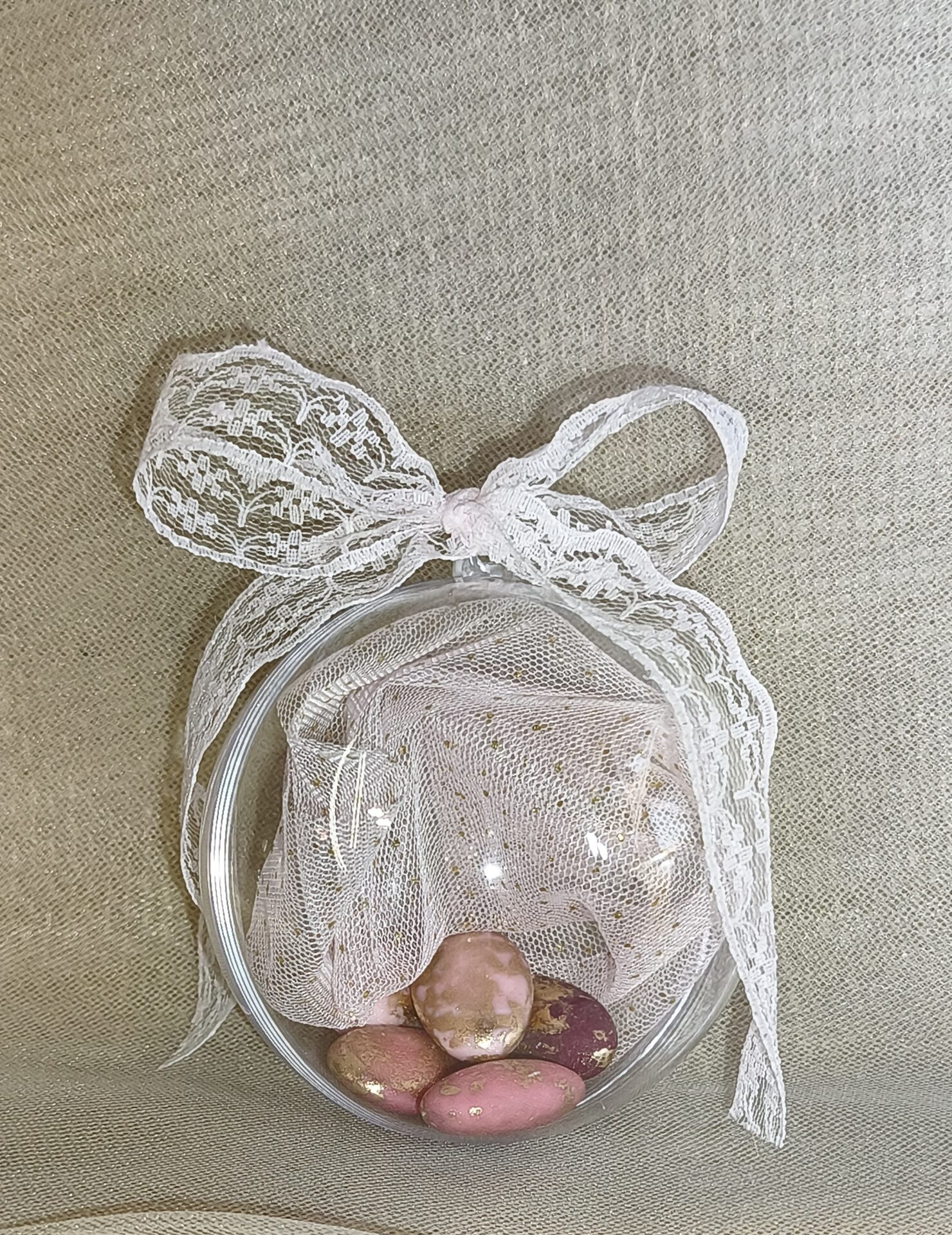 Μπομπονιερα Γαμου Μπαλα Plexiglass+Τουλι Glitter+Δαντελα