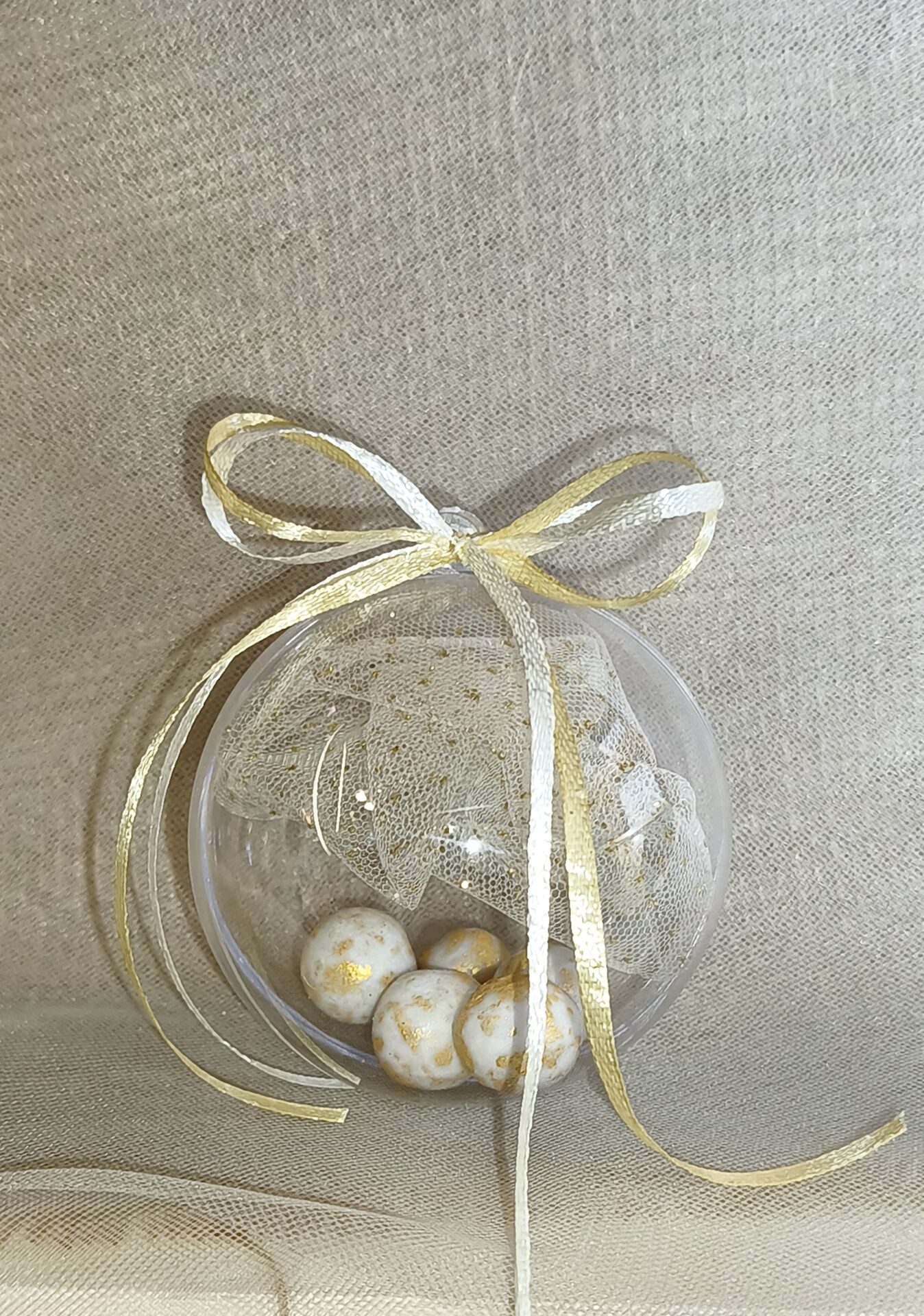 Μπομπονιερα Γαμου Μπαλα Plexiglass+Τουλι Glitter