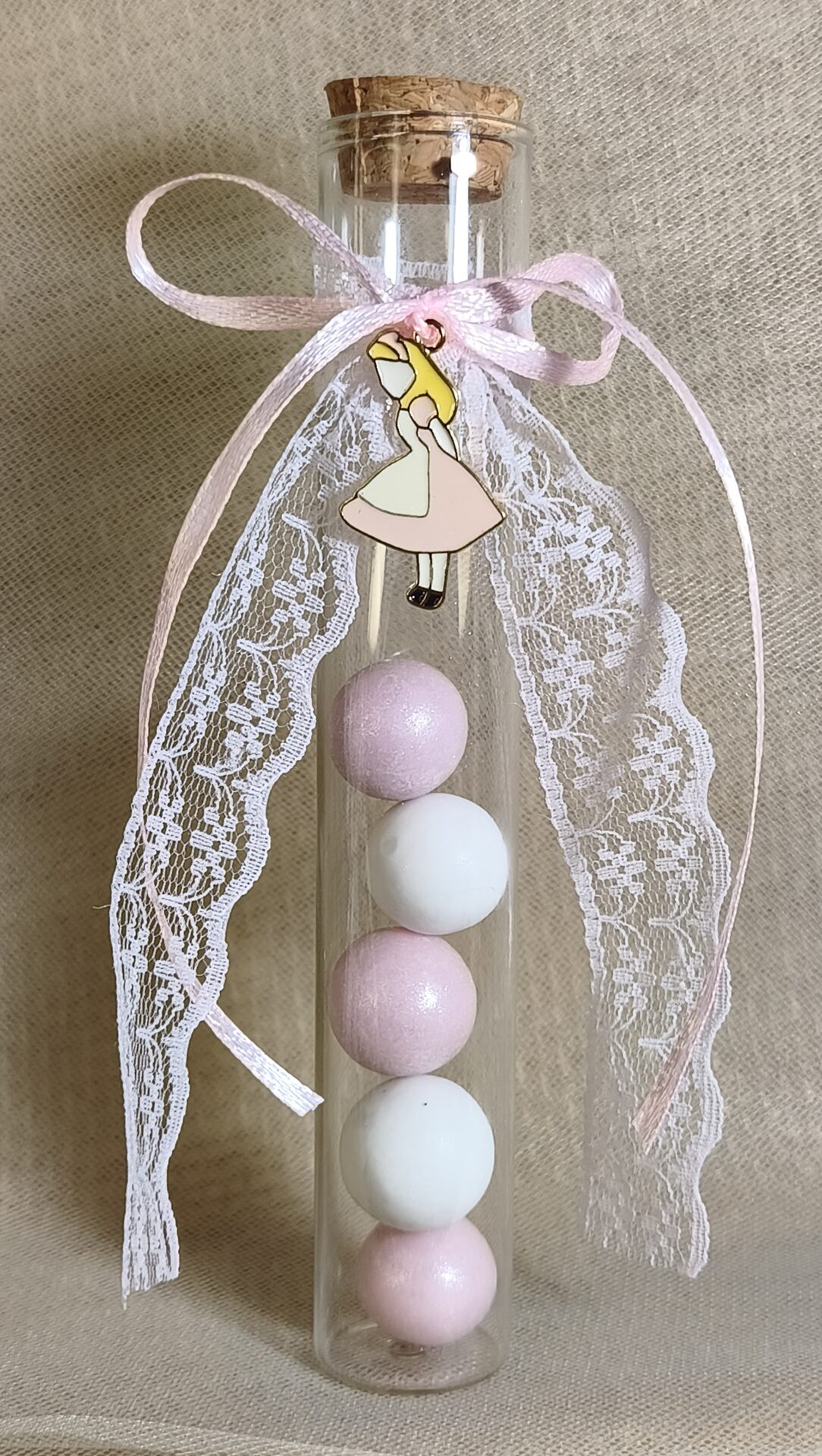 Mπομπονιερα Βαπτισης Δοκιμαστικος Σωληνας+Χιονατη Με Δαντελα