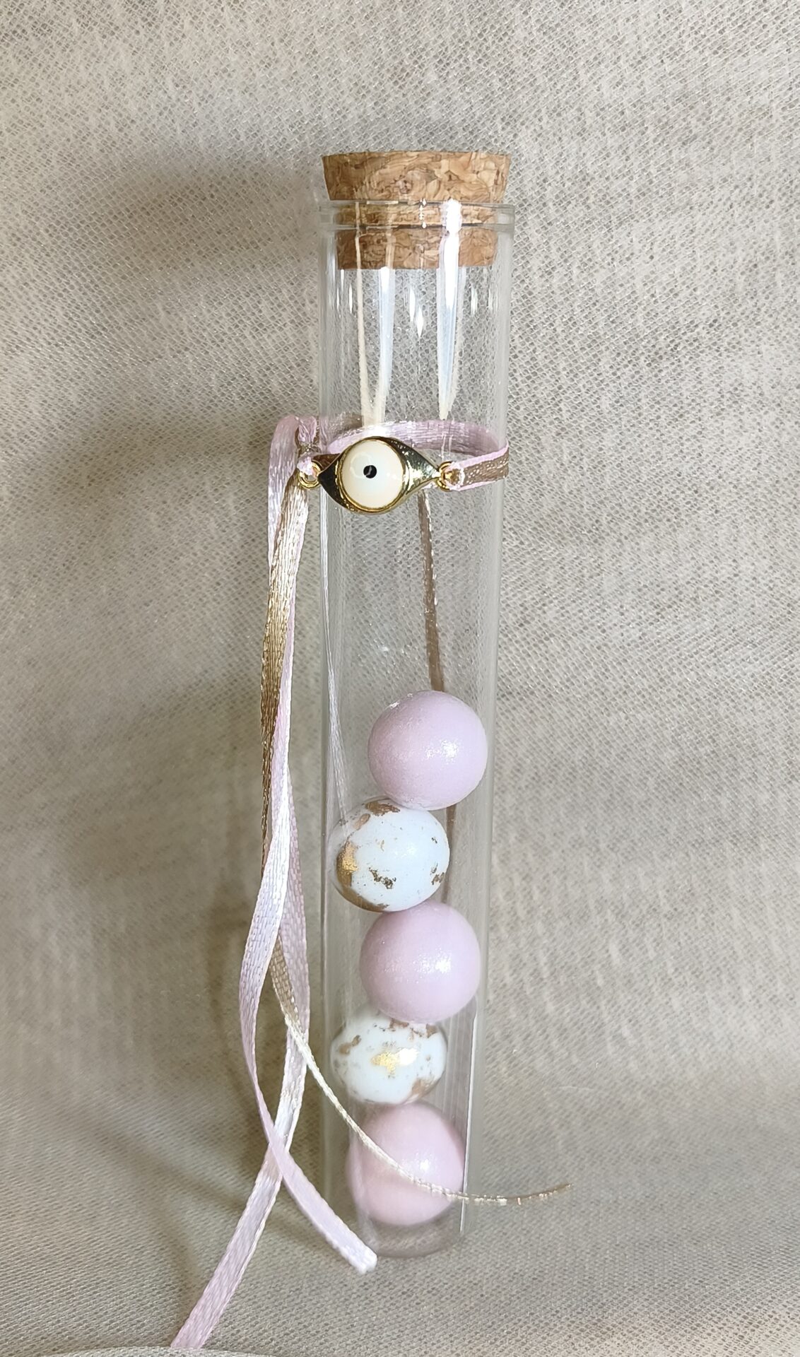 Mπομπονιερα Βαπτισης Δοκιμαστικος Σωληνας+Ματακι Χρυσο Ροζ