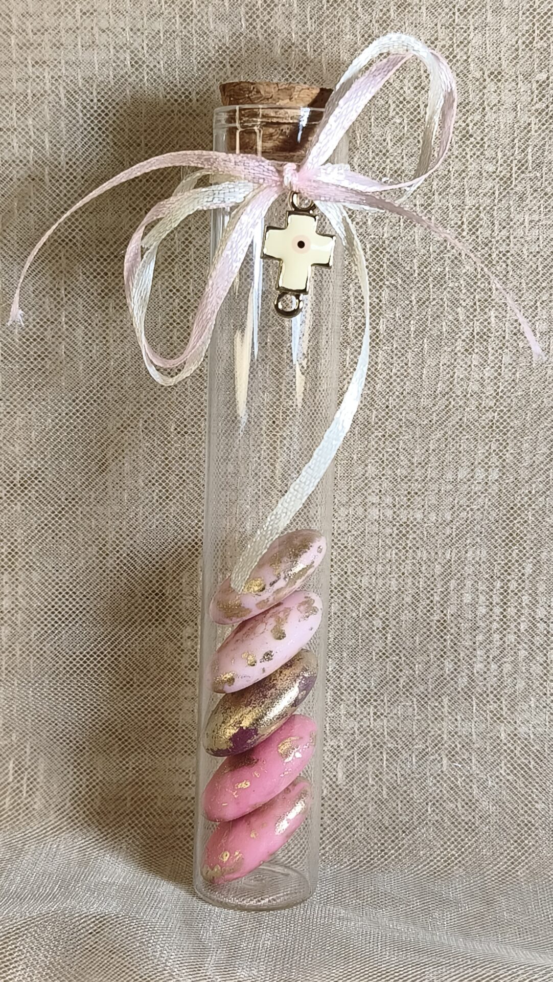 Mπομπονιερα Βαπτισης Δοκιμαστικος Σωληνας+Σταυρος Με Ματακι Ροζ