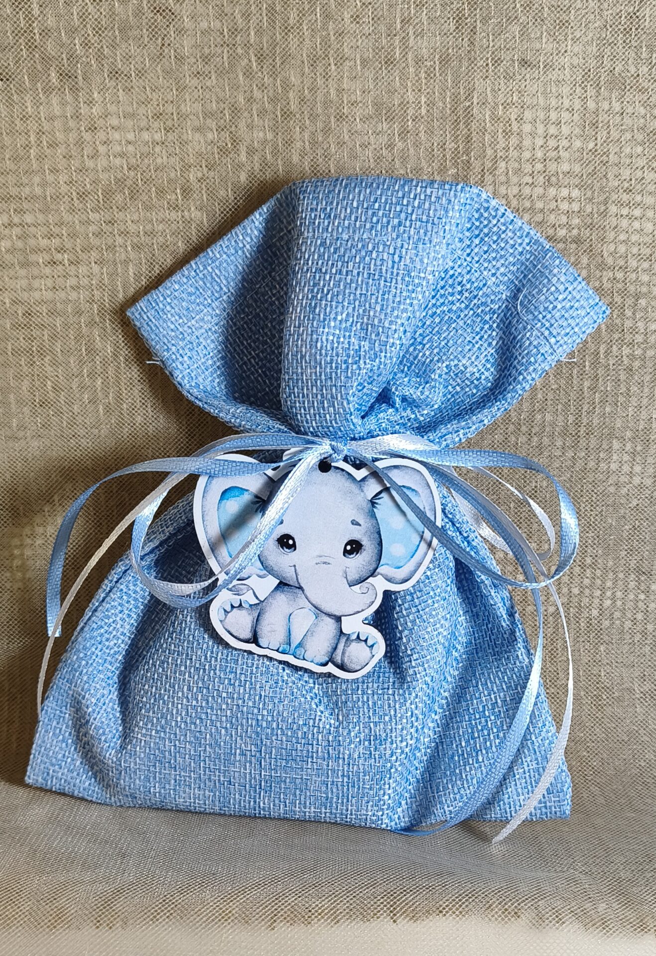 Mπομπονιερα Βαπτισης Πουγκι Καμβας+Ελεφαντακι