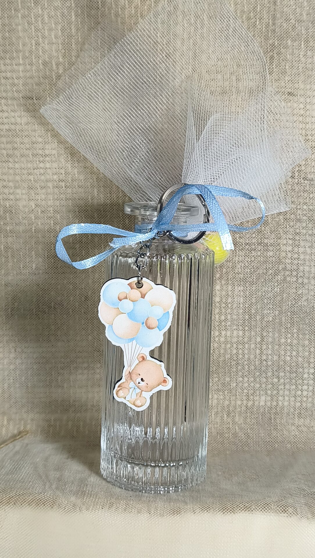 Μπομπονιερα Βαπτισης Βαζακι Αναγλυφο 200ml+Αρκουδακι Μπαλονια Μπρελοκ