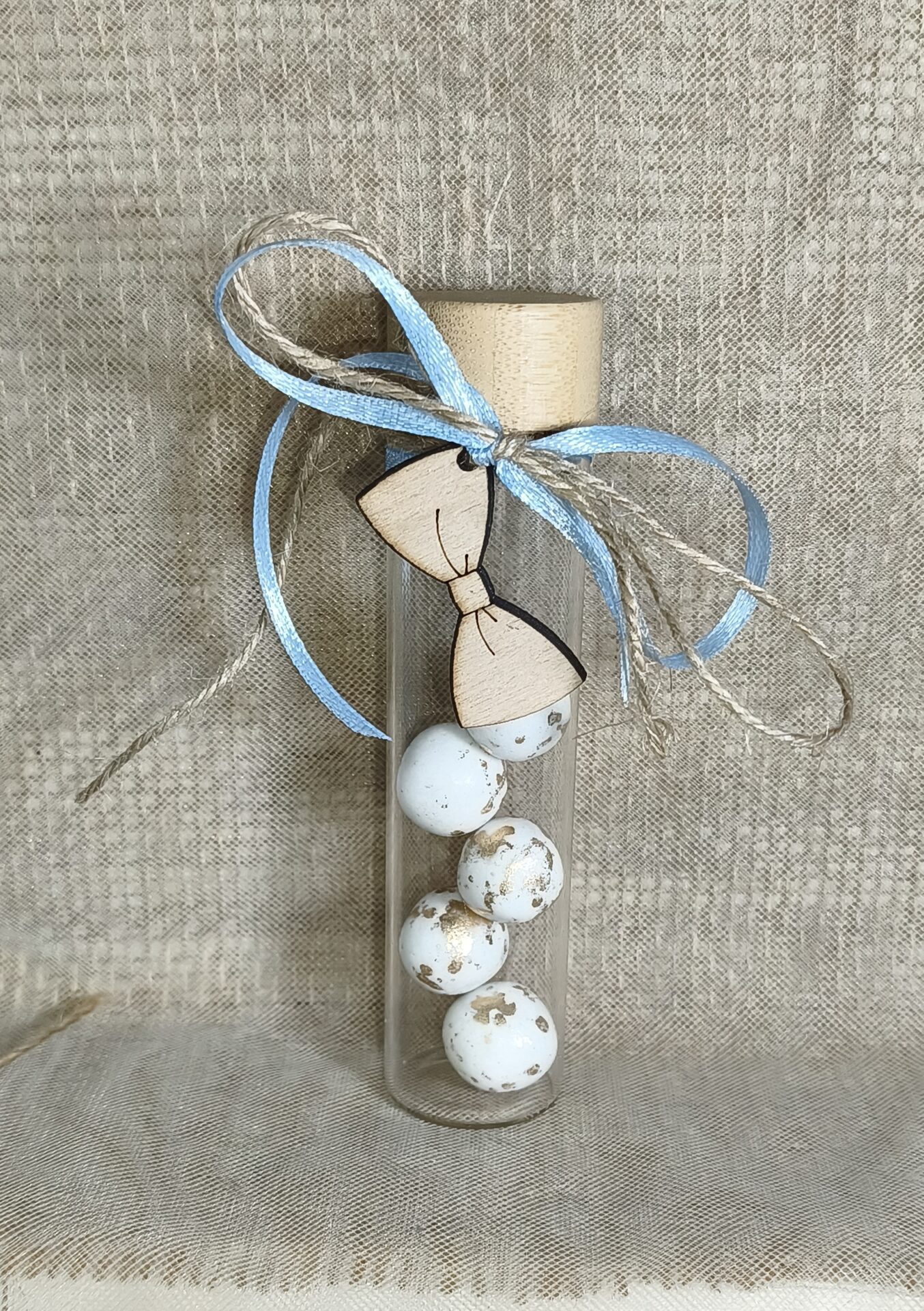 Mπομπονιερα Βαπτισης Δοκιμαστικος Σωληνας Με Ξυλινο Καπακι+Παπιον