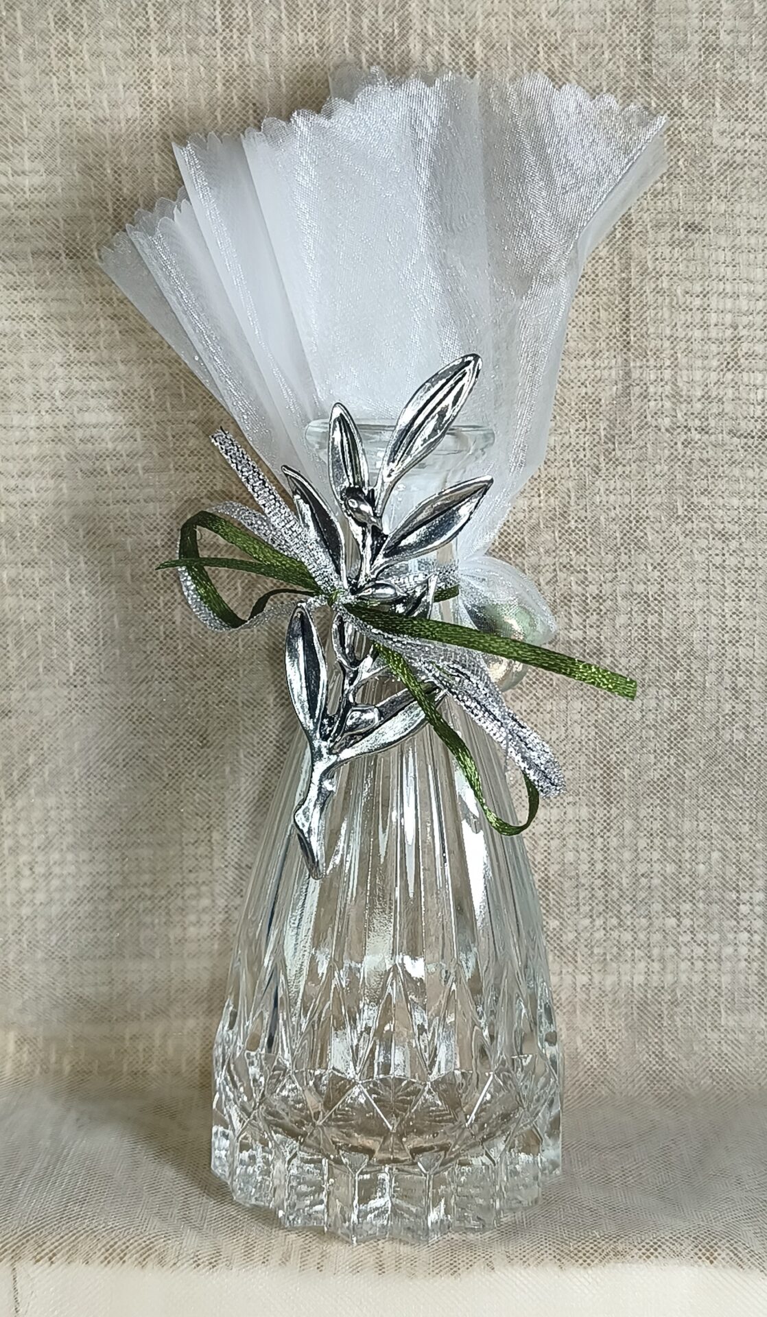 Mπομπονιερα Βαπτισης Βαζακι Αναγλυφο 300ml+Κλαδι Ελιας