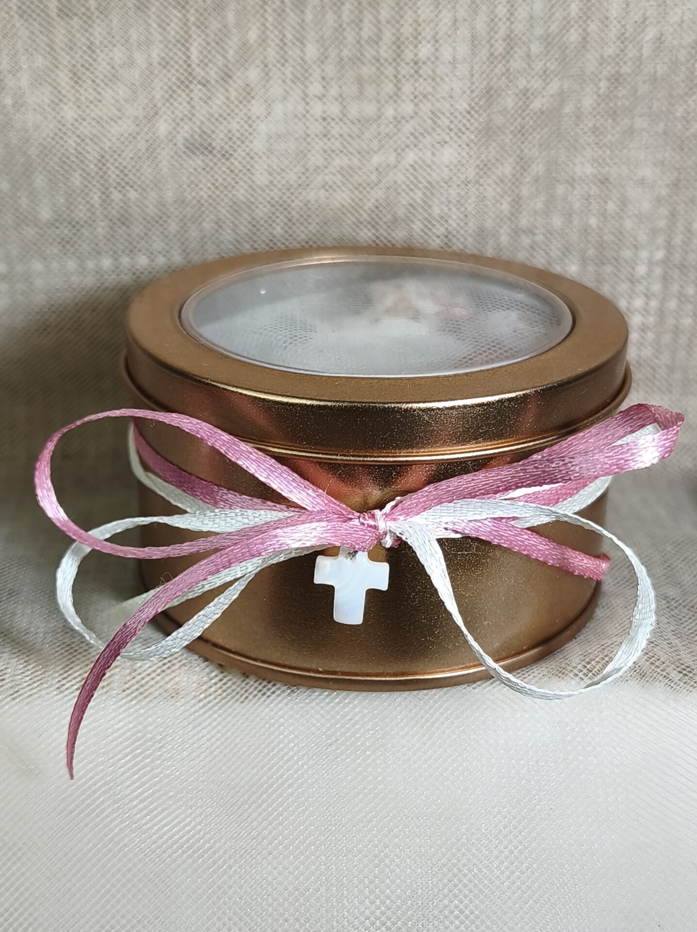 Mπομπονιερα Βαπτισης Κουτακι Μεταλλικο Διαφανες Καπακι+Σταυρος Φιλντισι