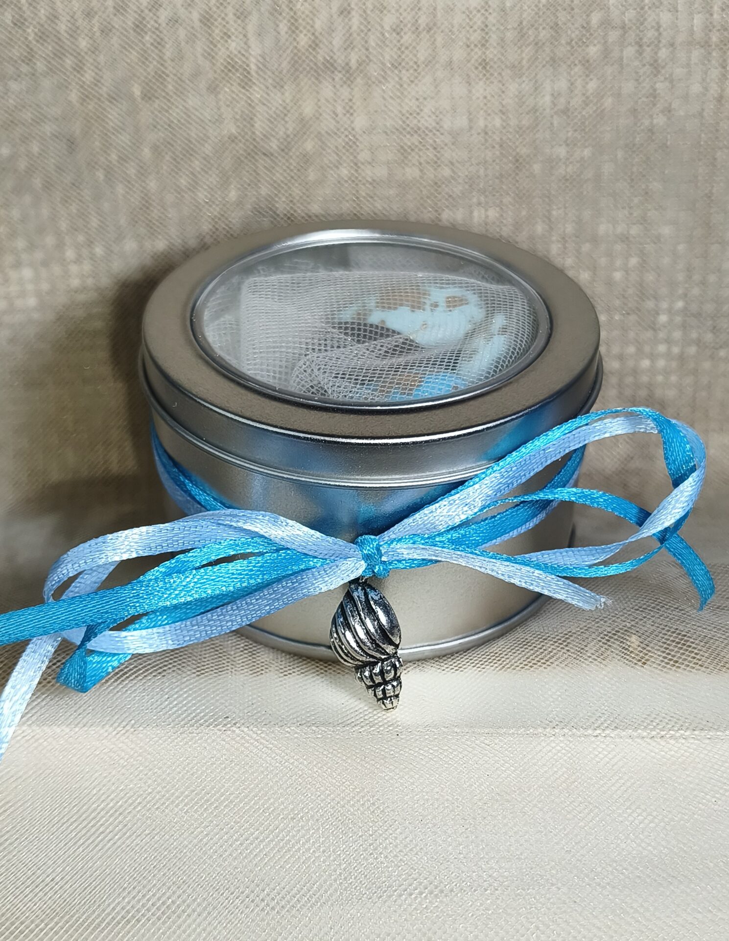 Mπομπονιερα Βαπτισης Κουτακι Μεταλλικο Διαφανες Καπακι+Κοχυλι