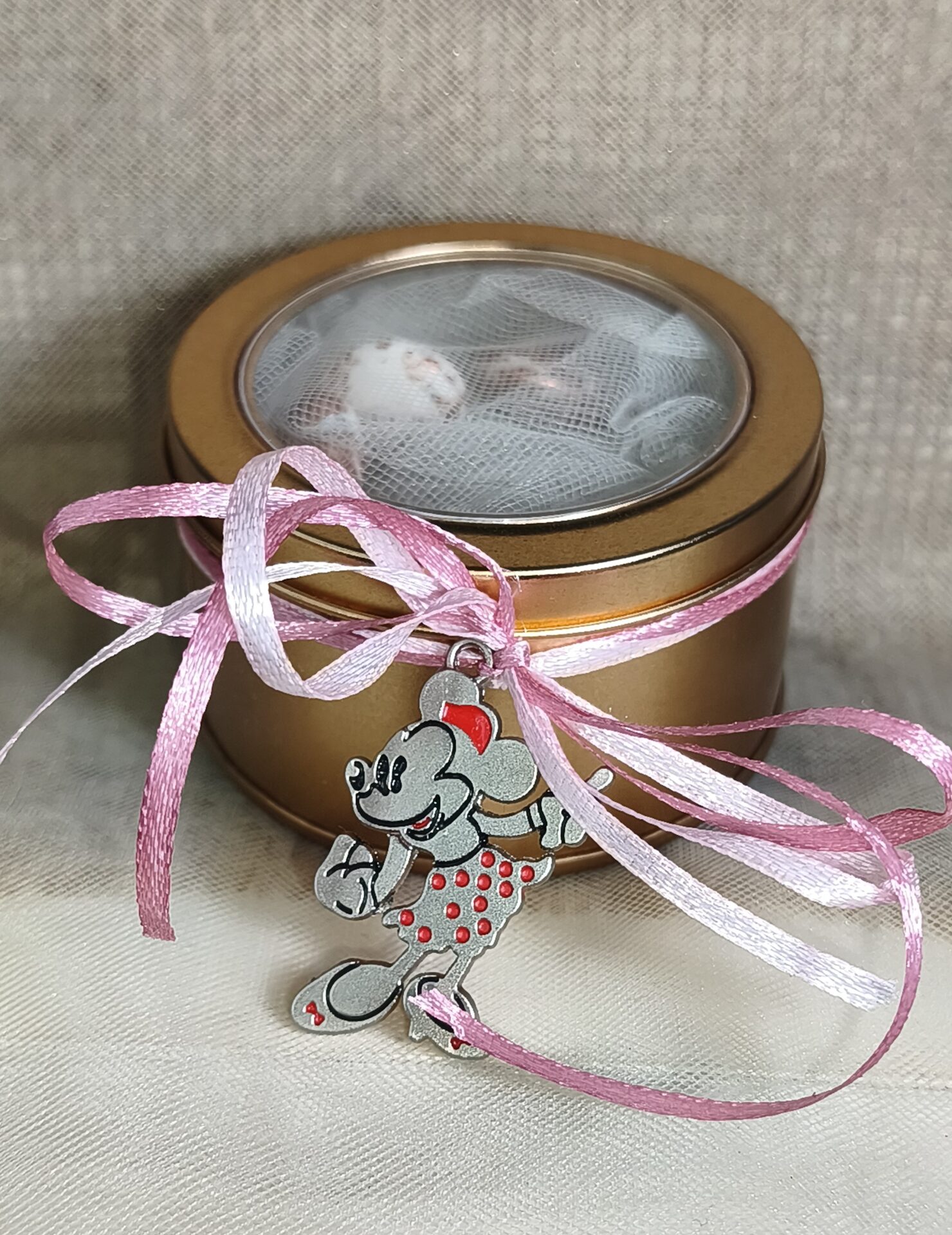 Mπομπονιερα Βαπτισης Κουτακι Μεταλλικο Διαφανες Καπακι+Minnie