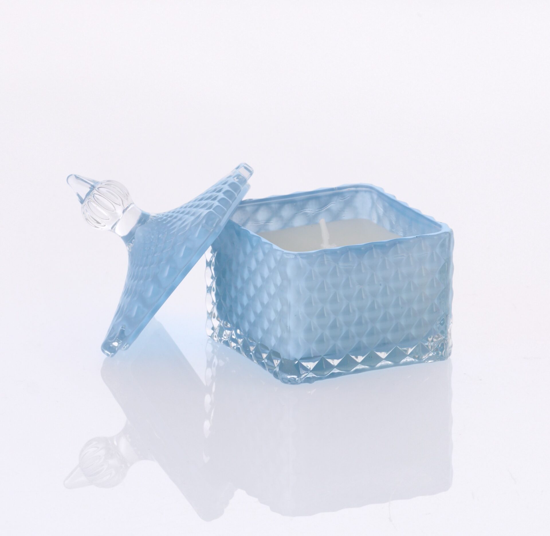 Mπομπονιερα Γυαλινη Φοντανιερα Tετραγωνη Σιελ Με Κερι