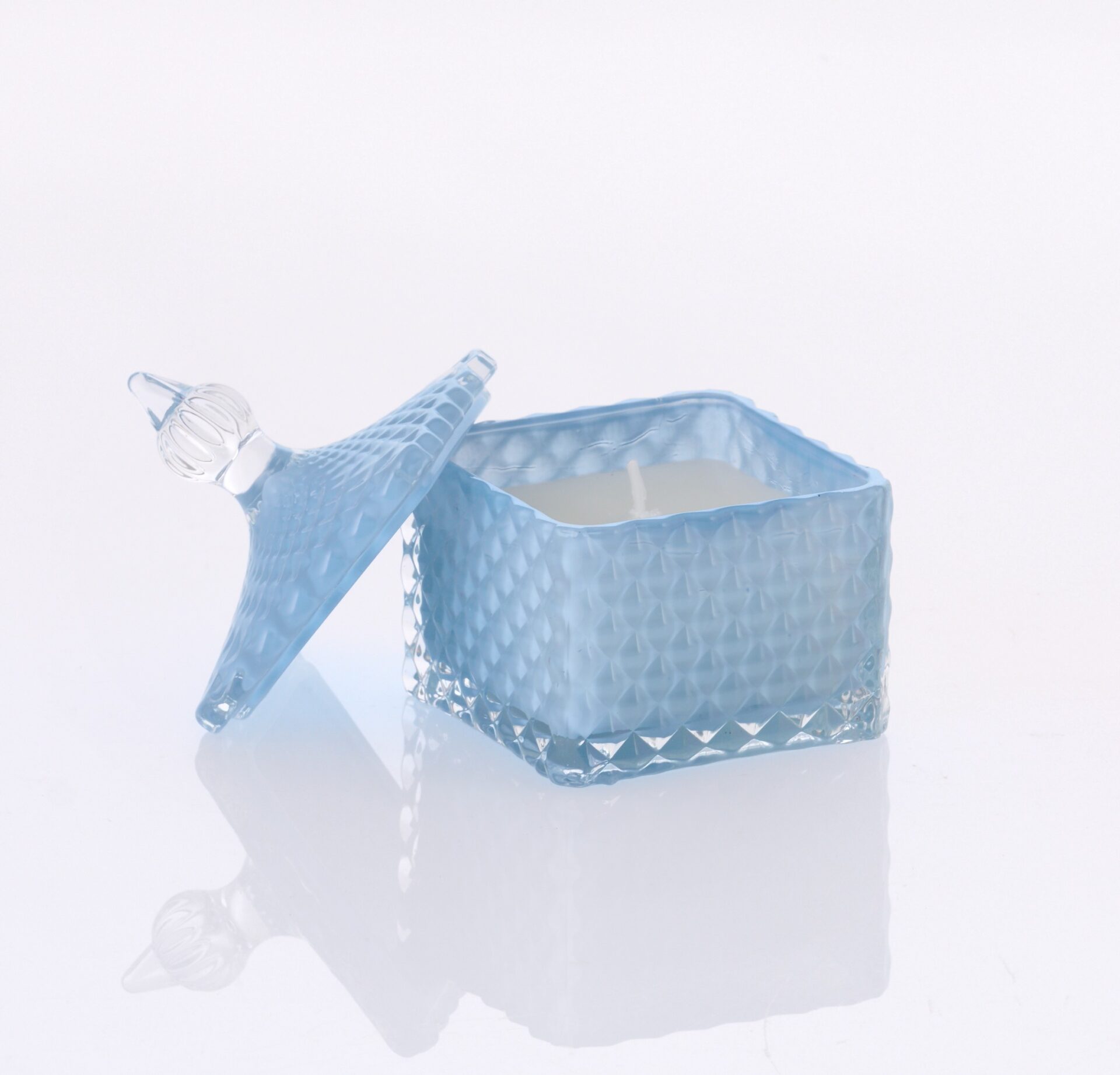 Mπομπονιερα Γυαλινη Φοντανιερα Tετραγωνη Σιελ Με Κερι