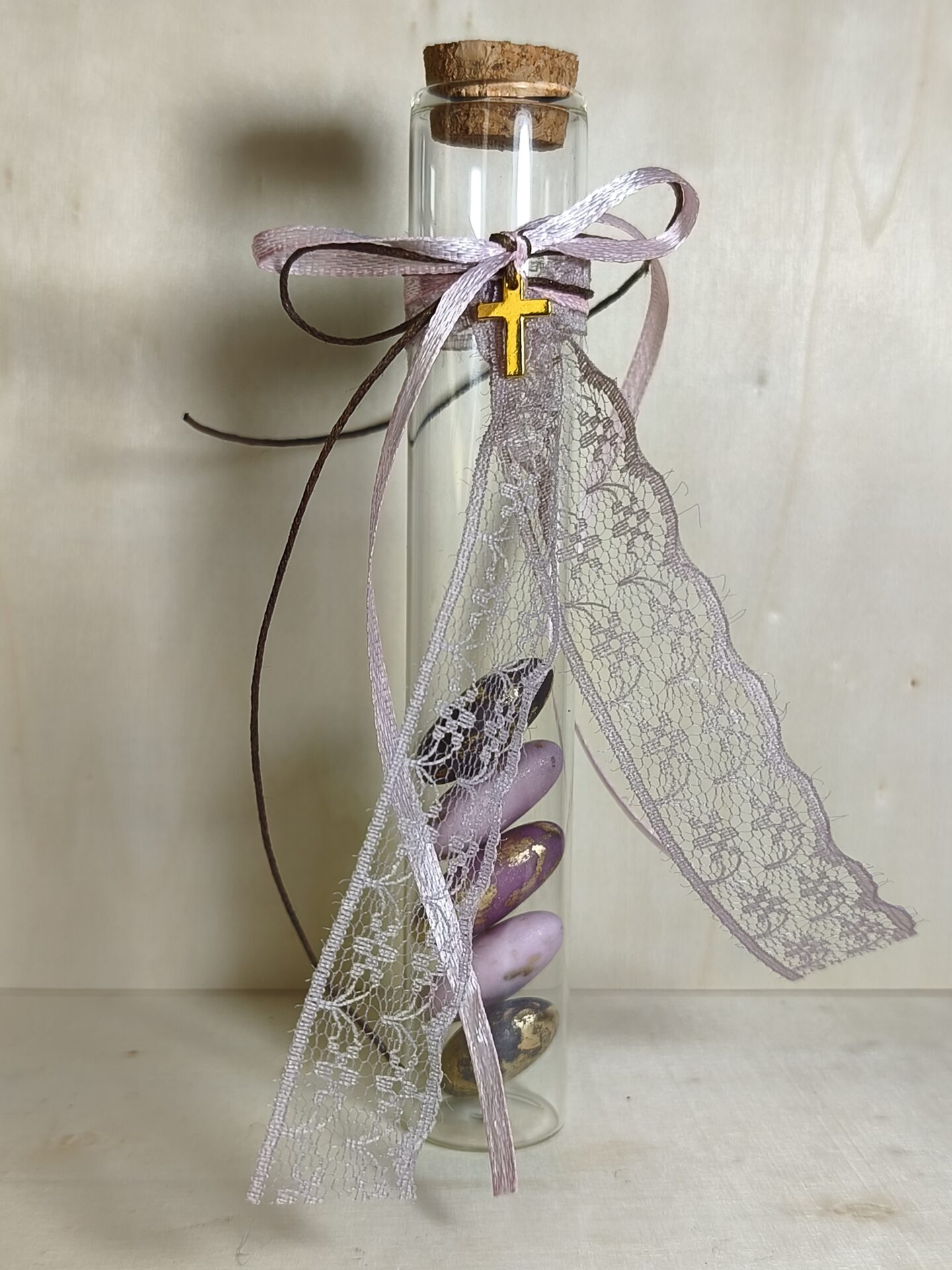 Mπομπονιερα Βαπτισης Δοκιμαστικος Σωληνας +Σταυρος Με Δαντελα