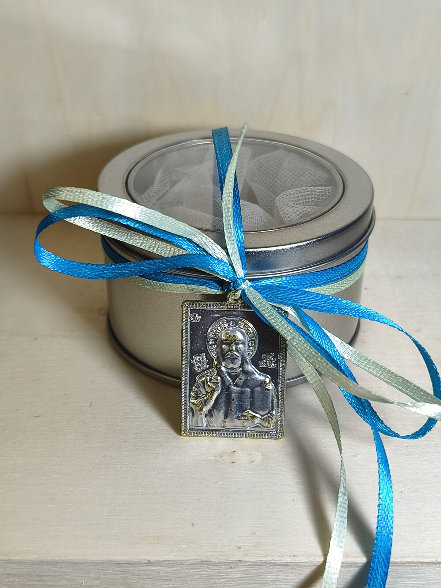 Mπομπονιερα Βαπτισης Κουτακι Μεταλλικο Διαφανες Καπακι+Εικονακι