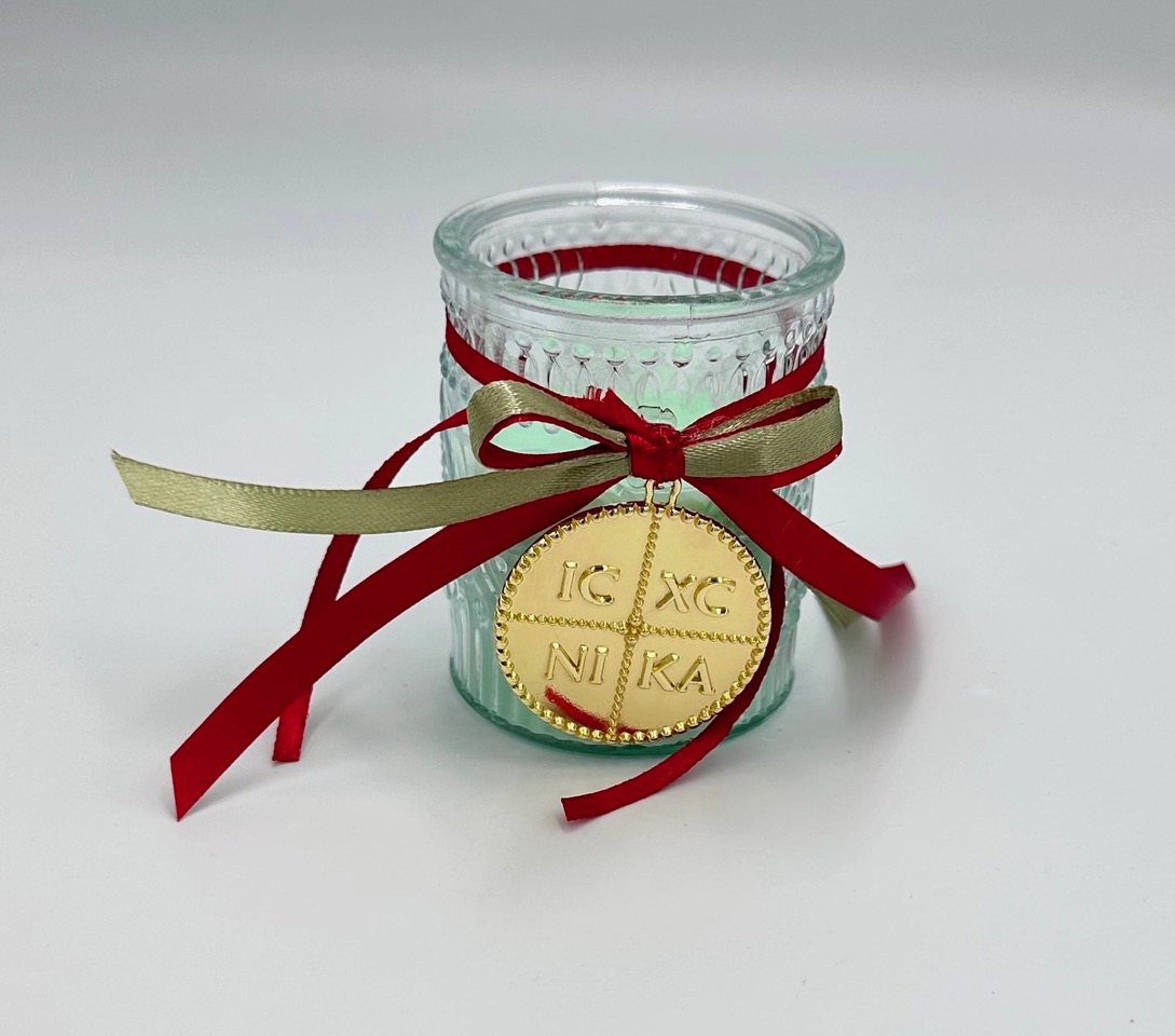 Mπομπονιερα Βαπτισης Γυαλινο Κηροπηγιο Μεντα Με Κωνσταντινατο
