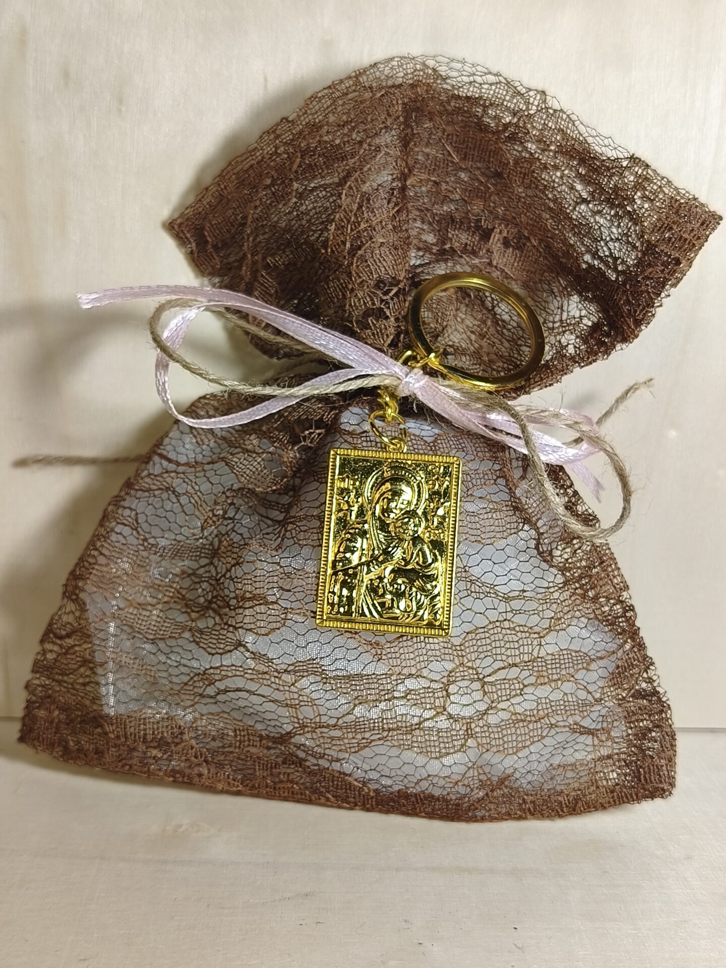 Mπομπονιερα Βαπτισης Πουγκι Δαντελα+Εικονακι