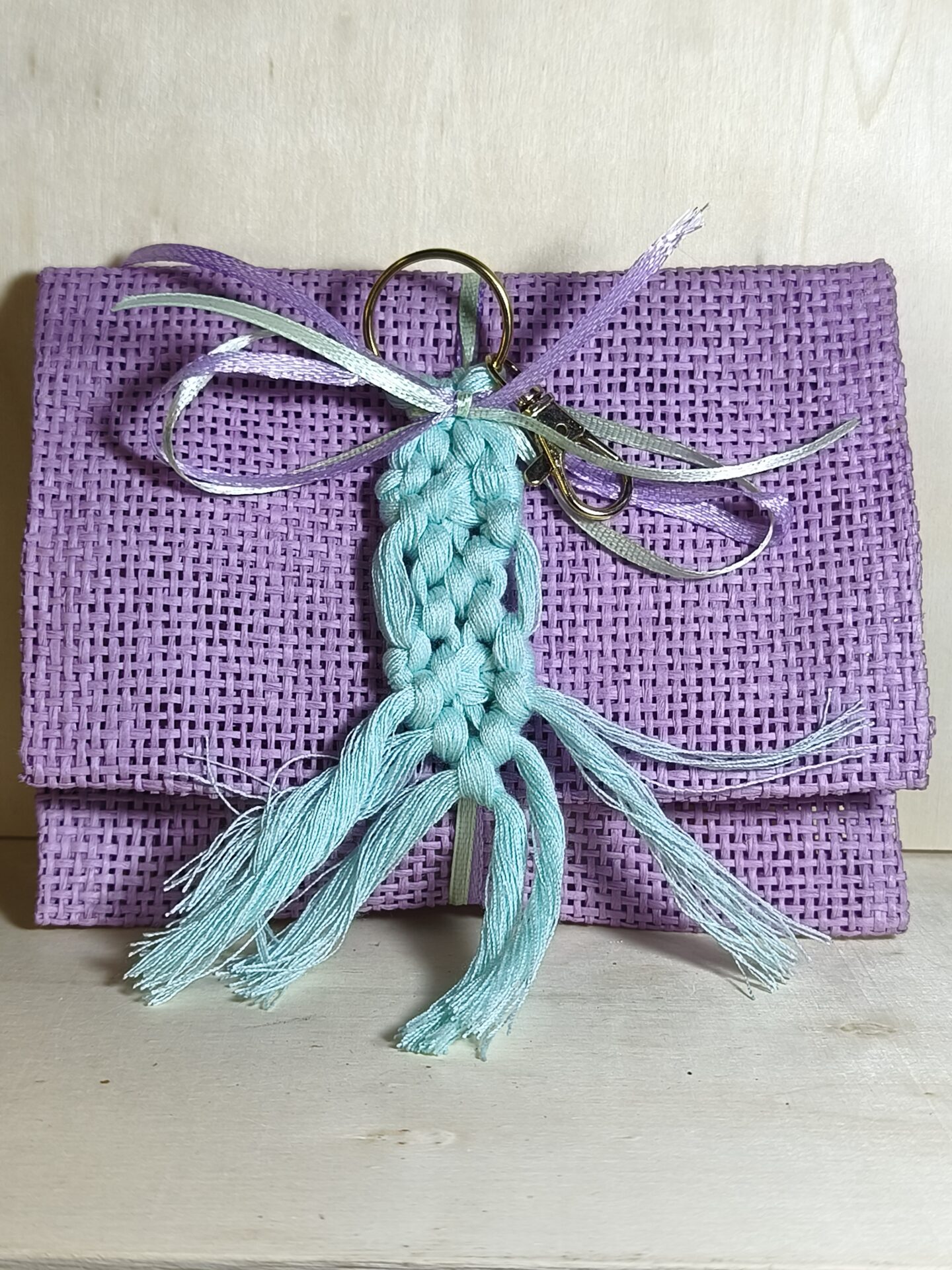 Mπομπονιερα Βαπτισης Πουγκι Ψαθα+Μακραμε Μπρελοκ