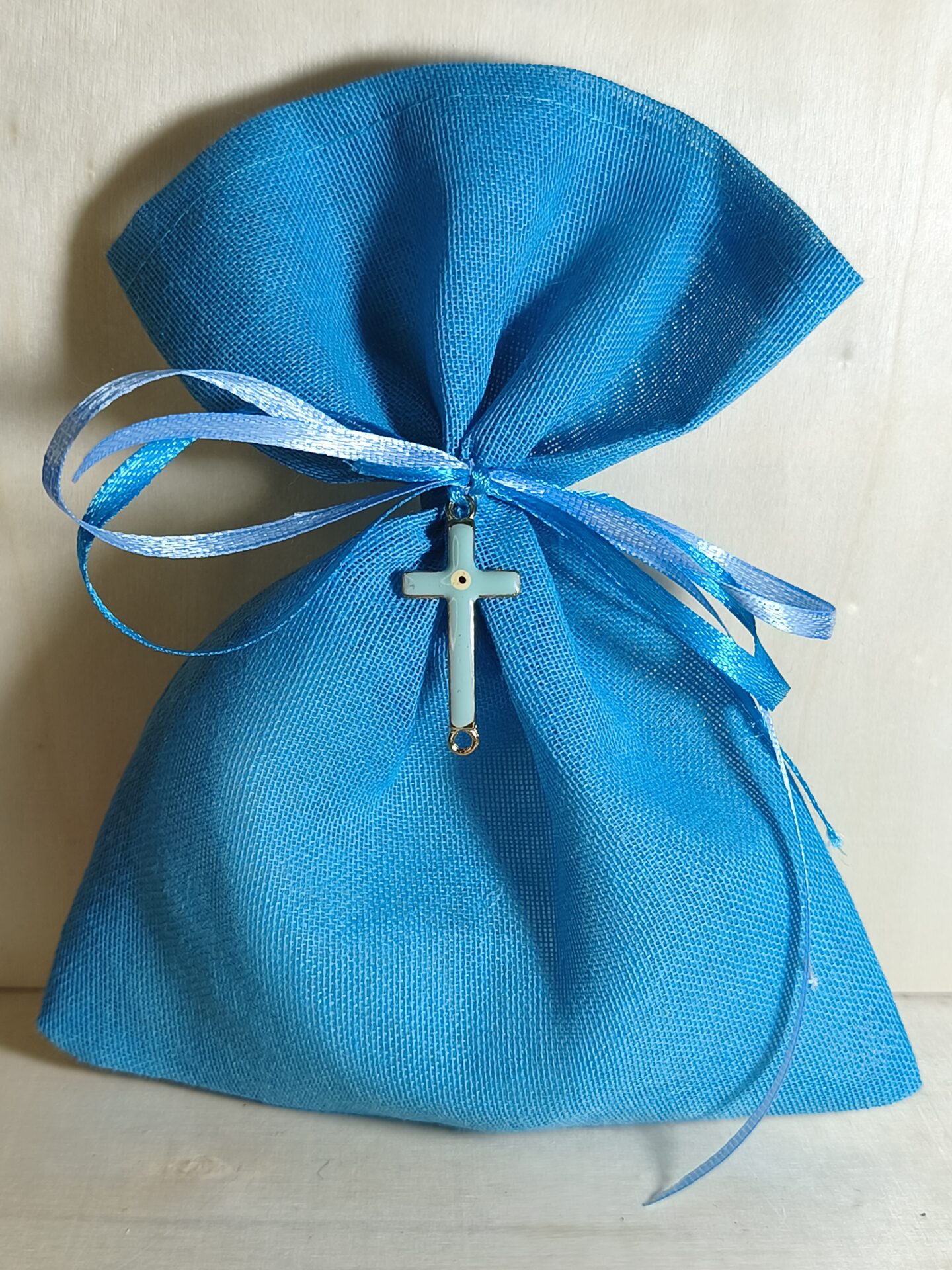 Mπομπονιερα Βαπτισης Πουγκι Οργαντινε+Σταυρος