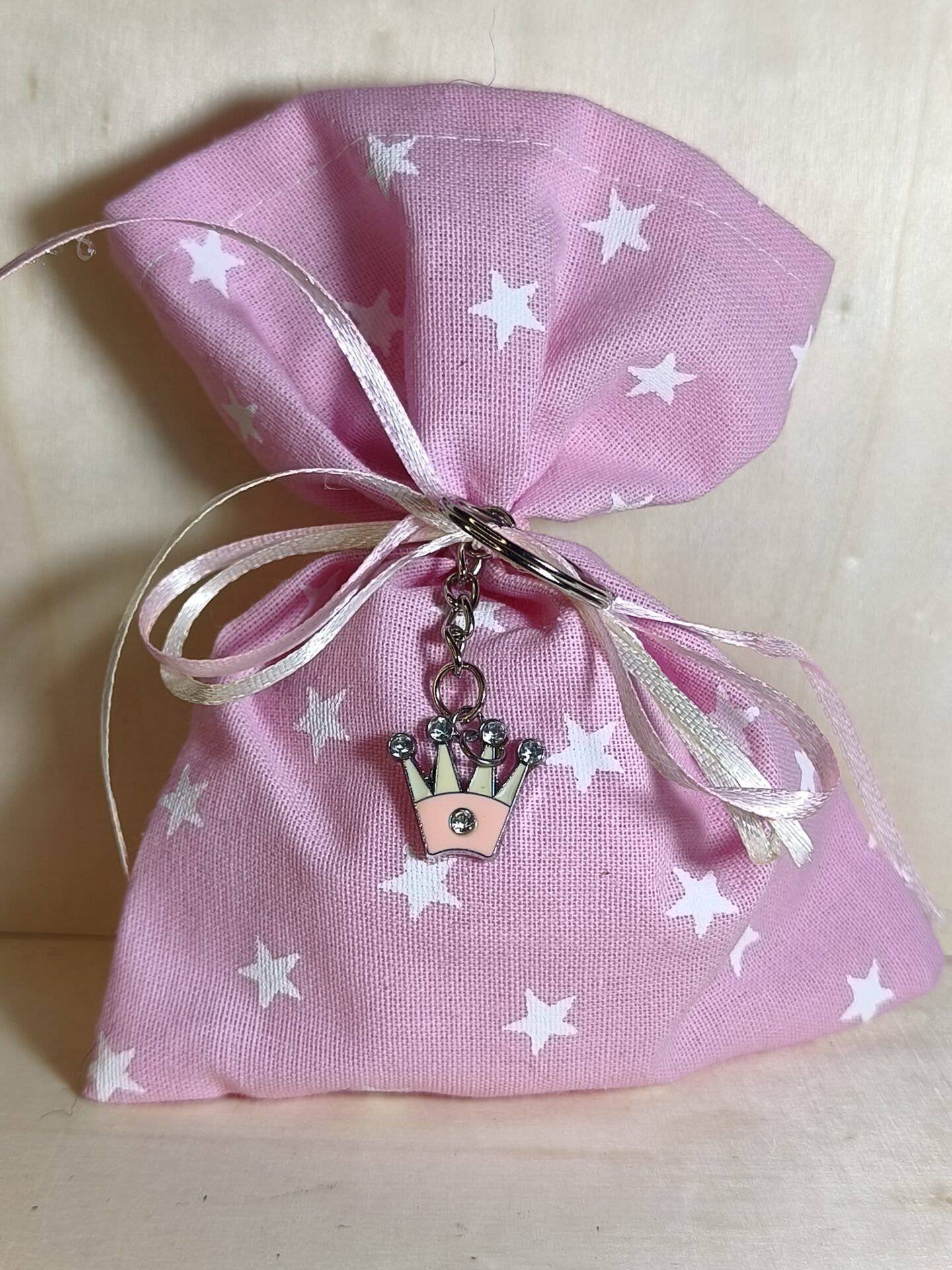 Mπομπονιερα Βαπτισης Πουγκι Αστερακια+Κορωνα Στρας Μπρελοκ