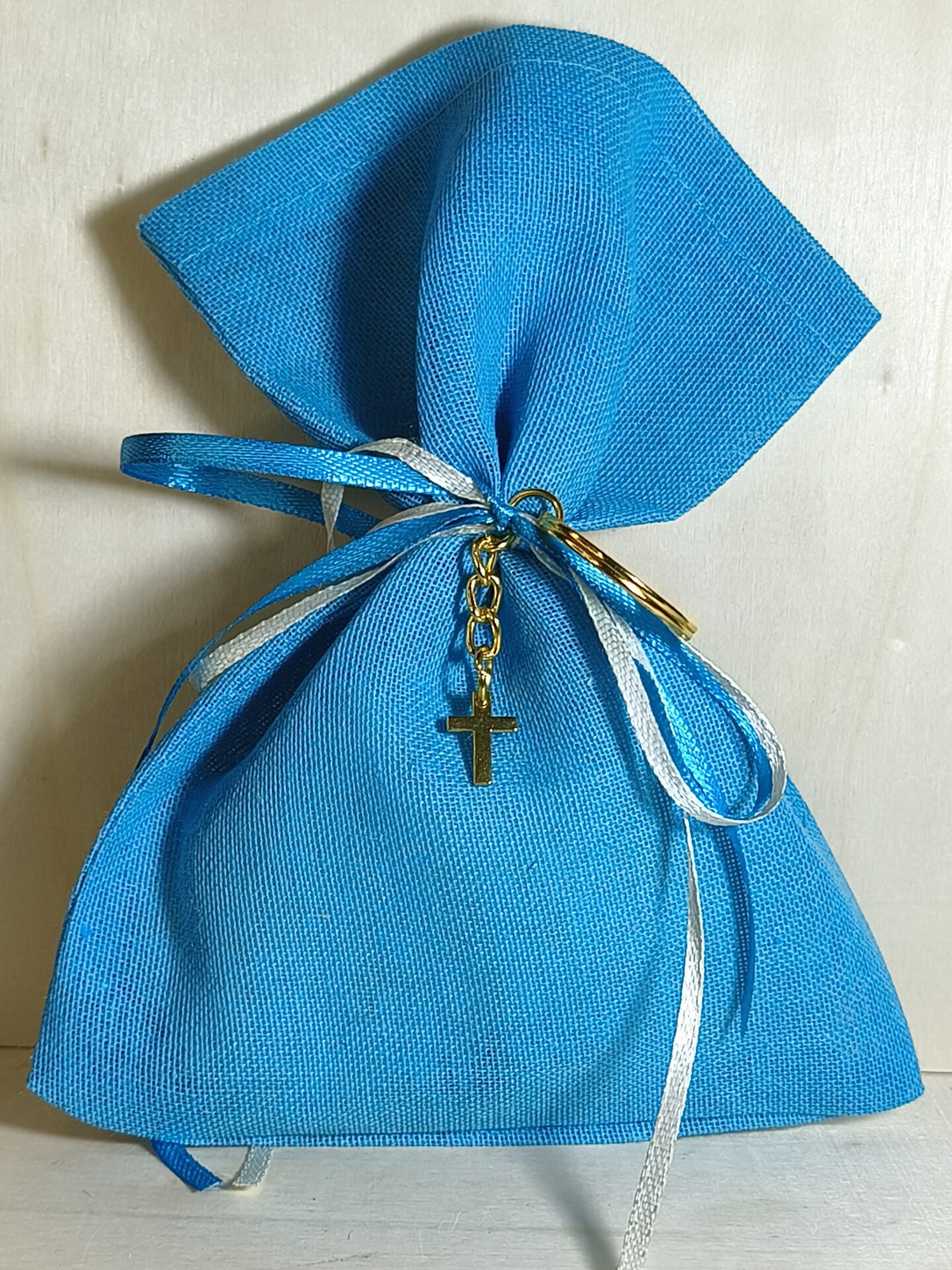 Mπομπονιερα Βαπτισης Πουγκι Γαζα+Σταυρος Μπρελοκ