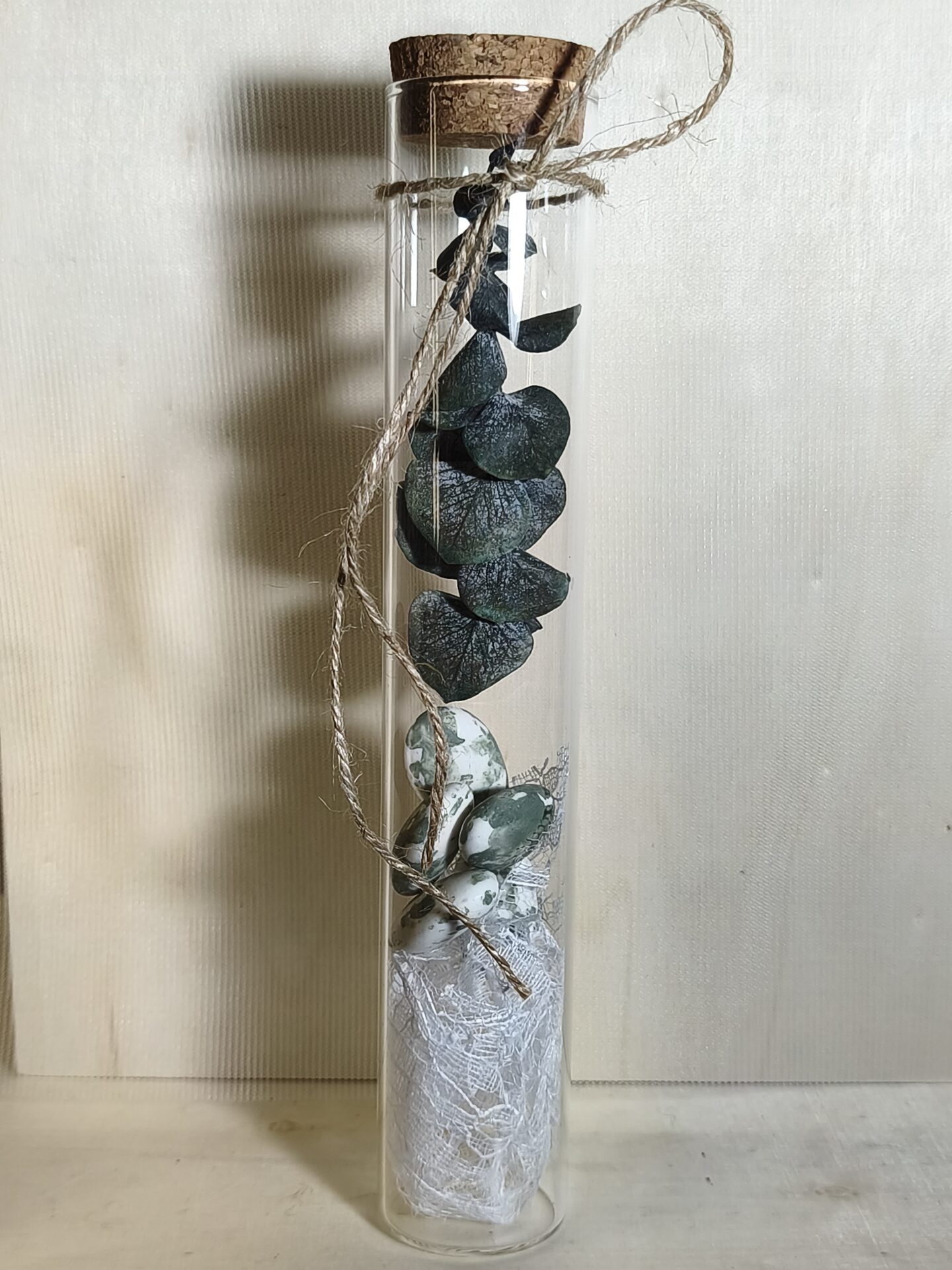 Mπομπονιερα Γαμου Δοκιμαστικος Σωληνας+Ευκαλυπτος+Δαντελα