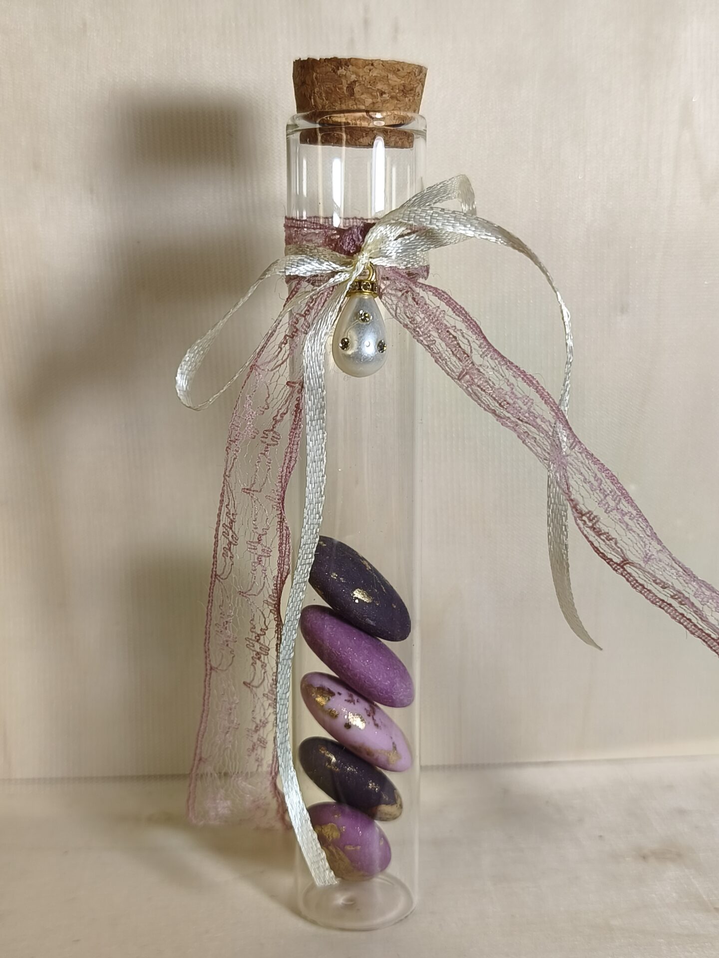 Mπομπονιερα Γαμου Δοκιμαστικος Σωληνας+Περλα Με Στρας+ Δαντελα