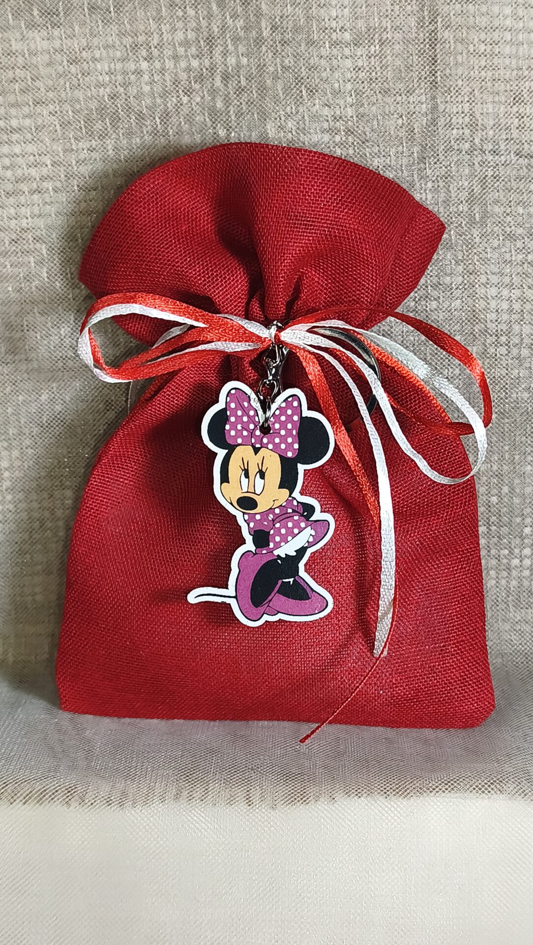 Mπομπονιερα Βαπτισης Πουγκι Γαζα+Minnie Μπρελοκ