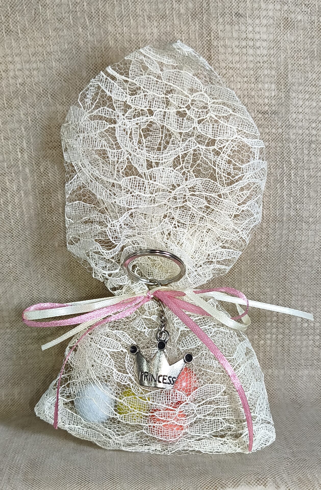 Mπομπονιερα Βαπτισης Πουγκι Δαντελα+Κορωνα Μπρελοκ