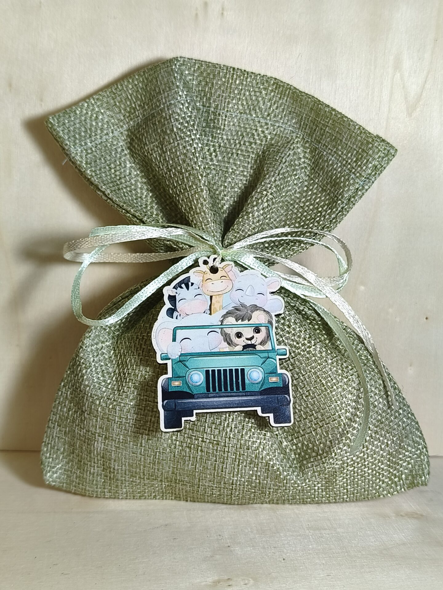 Mπομπονιερα Βαπτισης Πουγκι Καμβας 13χ18cm+Ζωα Της Ζουγκλας Μαγνητακι