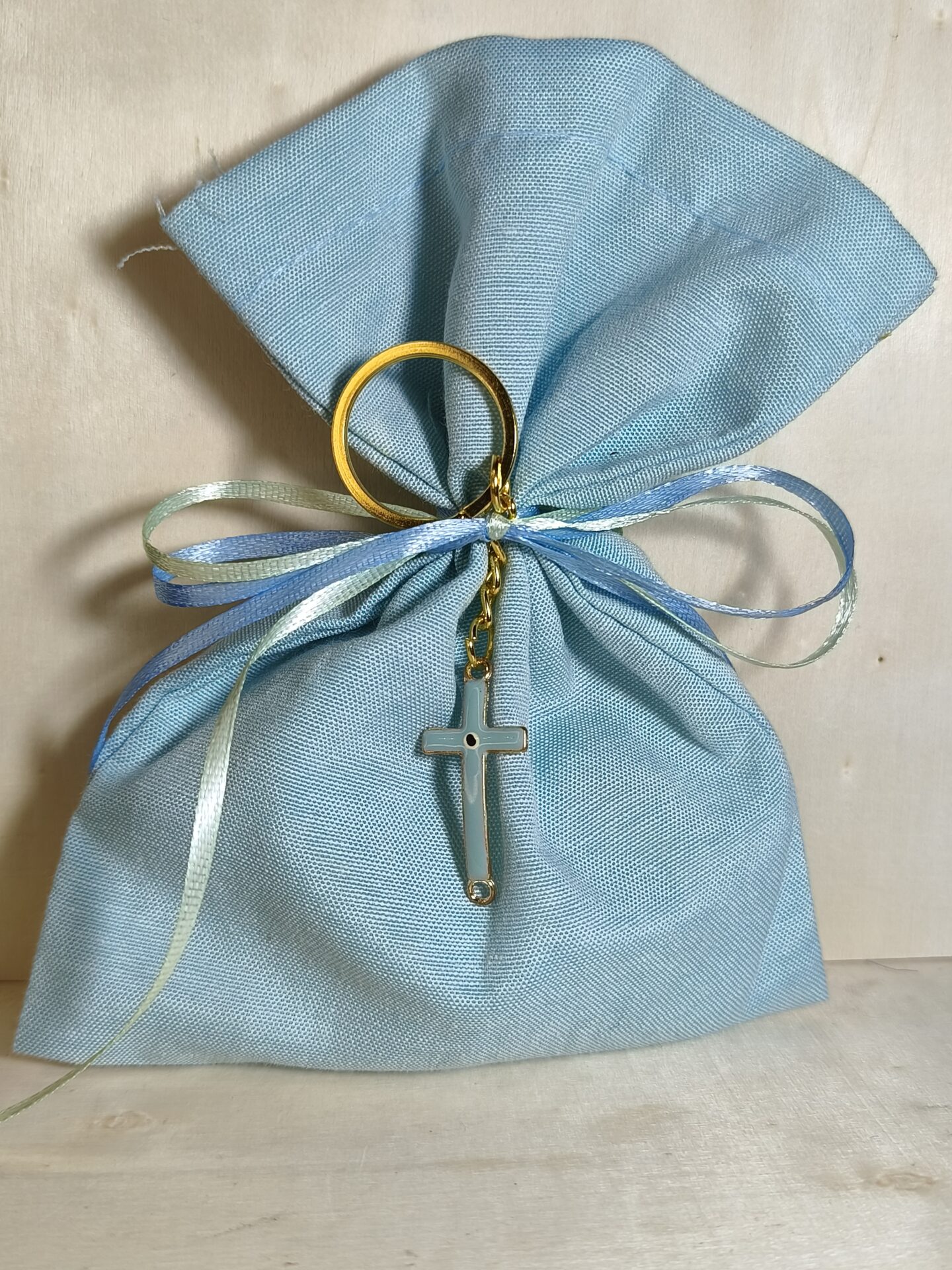 Mπομπονιερα Βαπτισης Πουγκι Βαμβακερο+Σταυρος Μπρελοκ