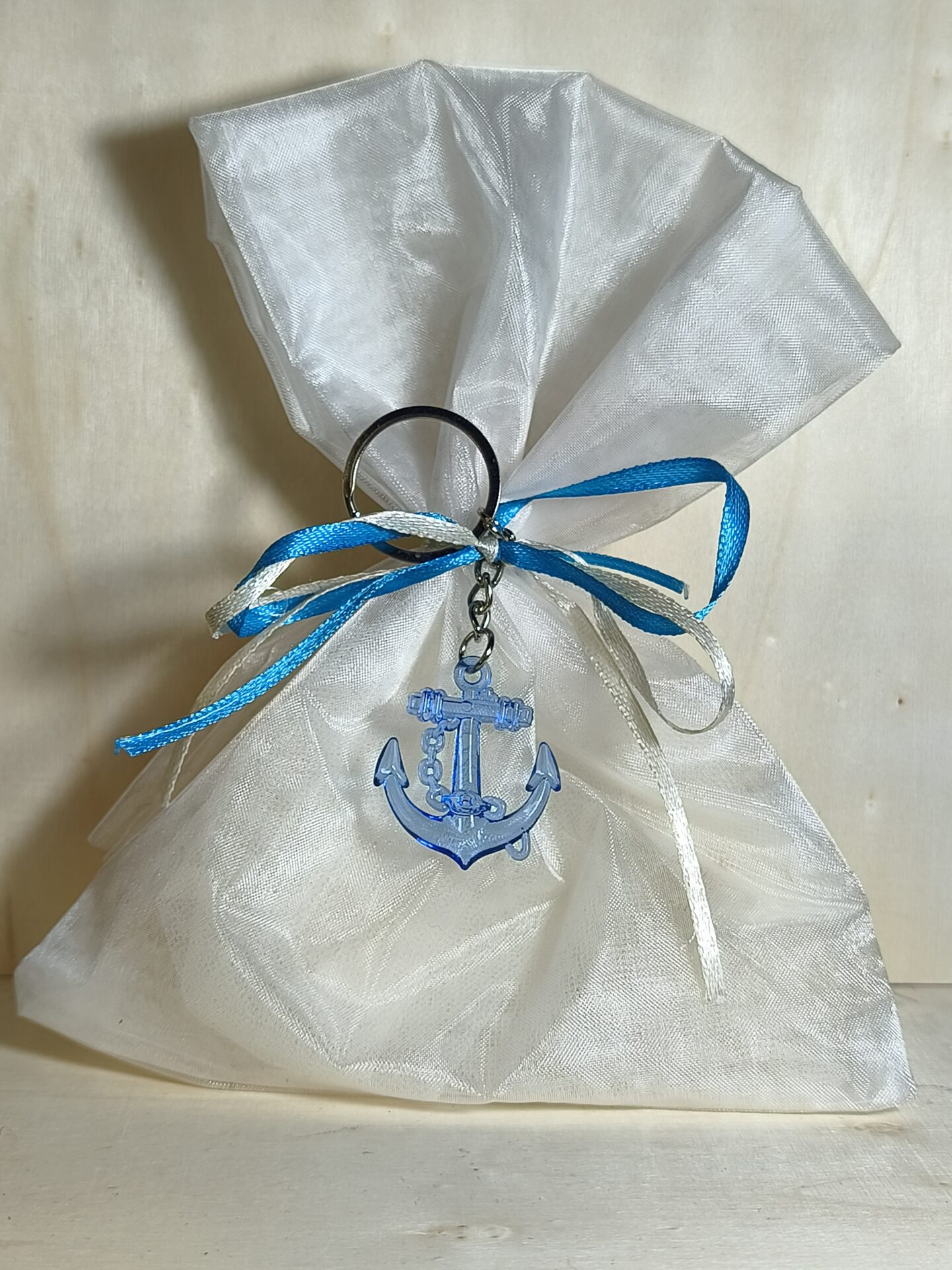 Mπομπονιερα Βαπτισης Πουγκι Οργαντινα+Αγκυρα Μπρελοκ