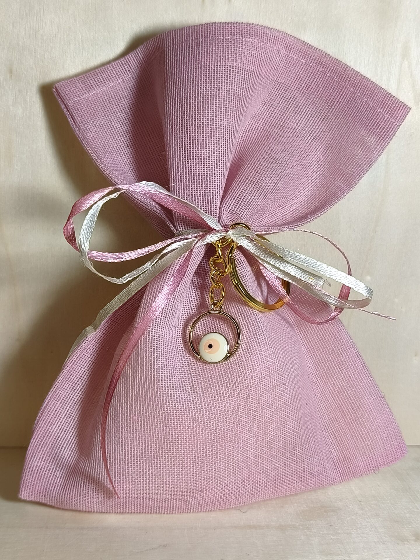 Mπομπονιερα Βαπτισης Πουγκι Γαζα+Ματακι Ροζ Μπρελοκ