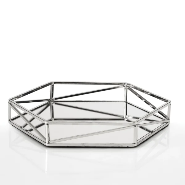 Εξάγωνος μεταλλικός ασημένιος δίσκος με καθρέφτη