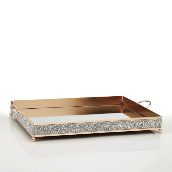 Ορθογώνιος μεταλλικός ασημένιος δίσκος με καθρέφτη και ασημένια στρασάκια