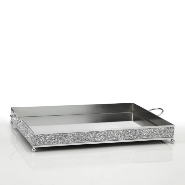 Ορθογώνιος μεταλλικός ασημένιος δίσκος με καθρέφτη και ασημένια στρασάκια