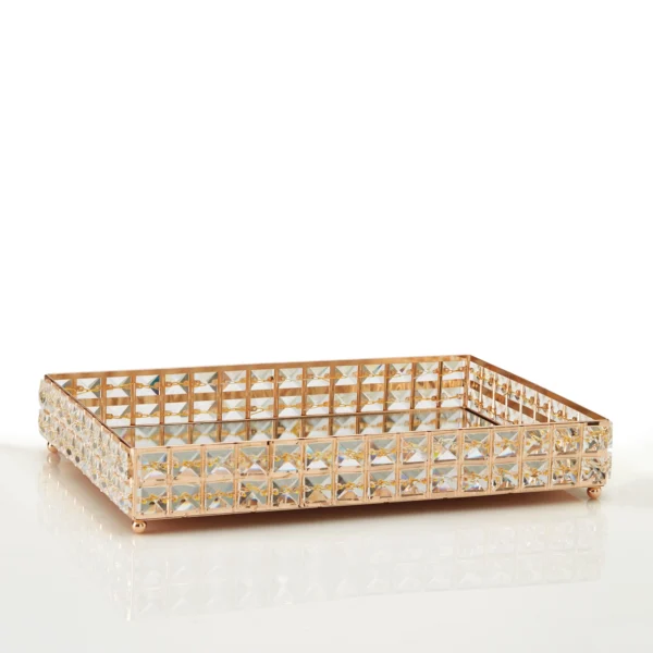 Ορθογώνιος μεταλλικός χρυσός δίσκος με καθρέφτη και κρύσταλλα