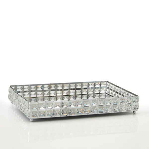 Ορθογώνιος μεταλλικός ασημένιος δίσκος με καθρέφτη και κρύσταλλα